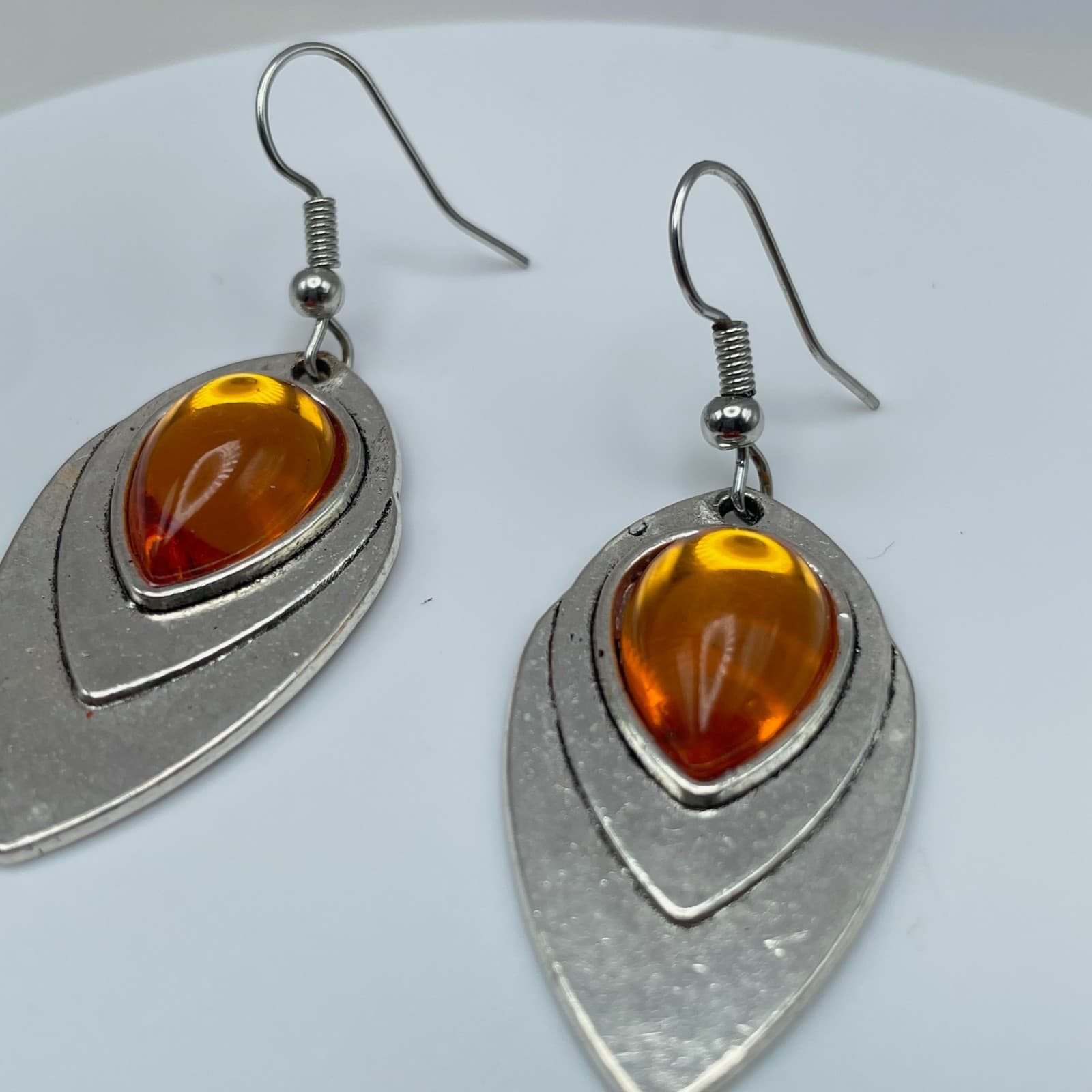 Vintage 90s Silver Tone Amber Teardrop Dangle Earrings Boho Fashion Jewelry - Thumbnail 5