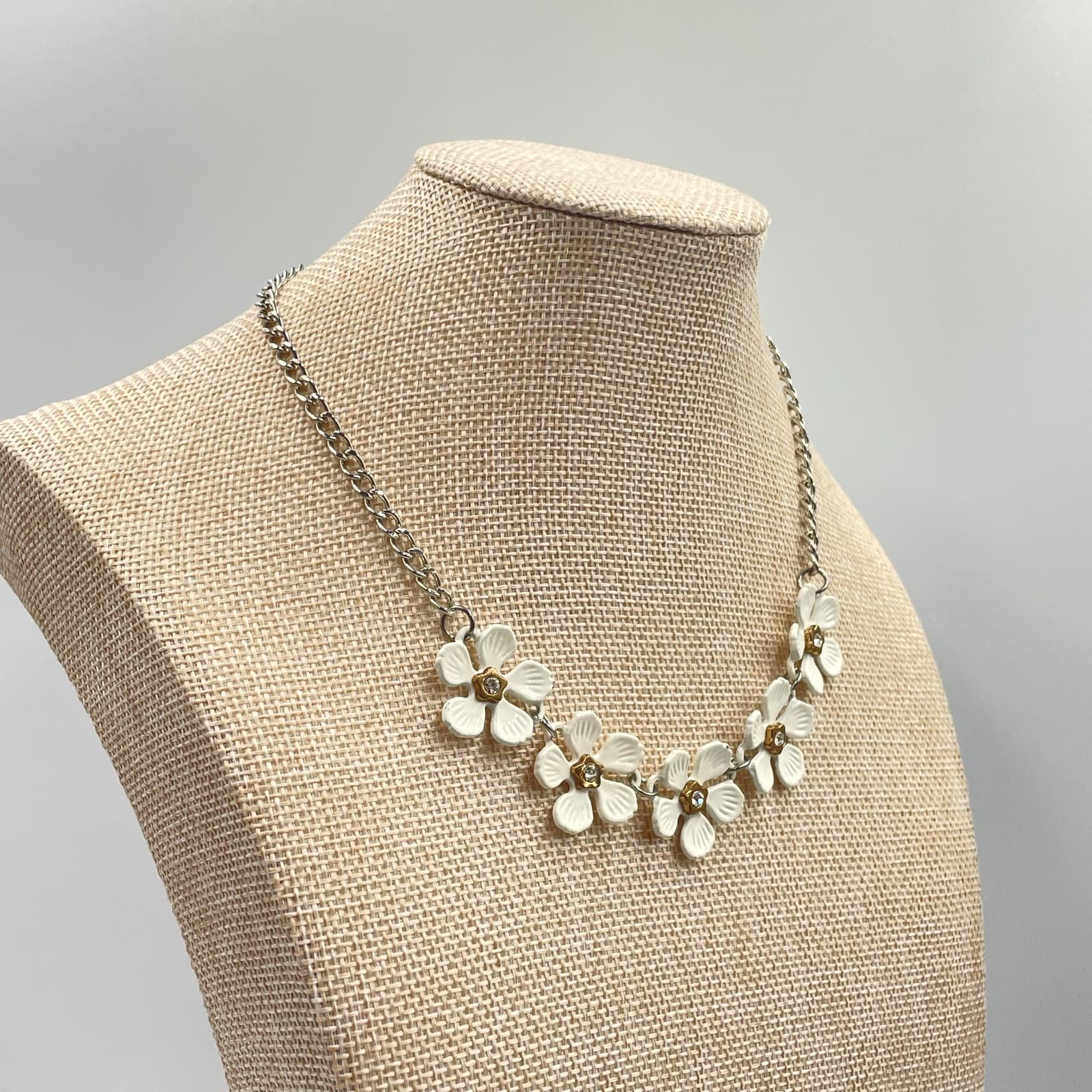 VTG Silver-Tone White Rhinestone Petal Daisy Charm Garland Bib Station Necklace - Thumbnail 5