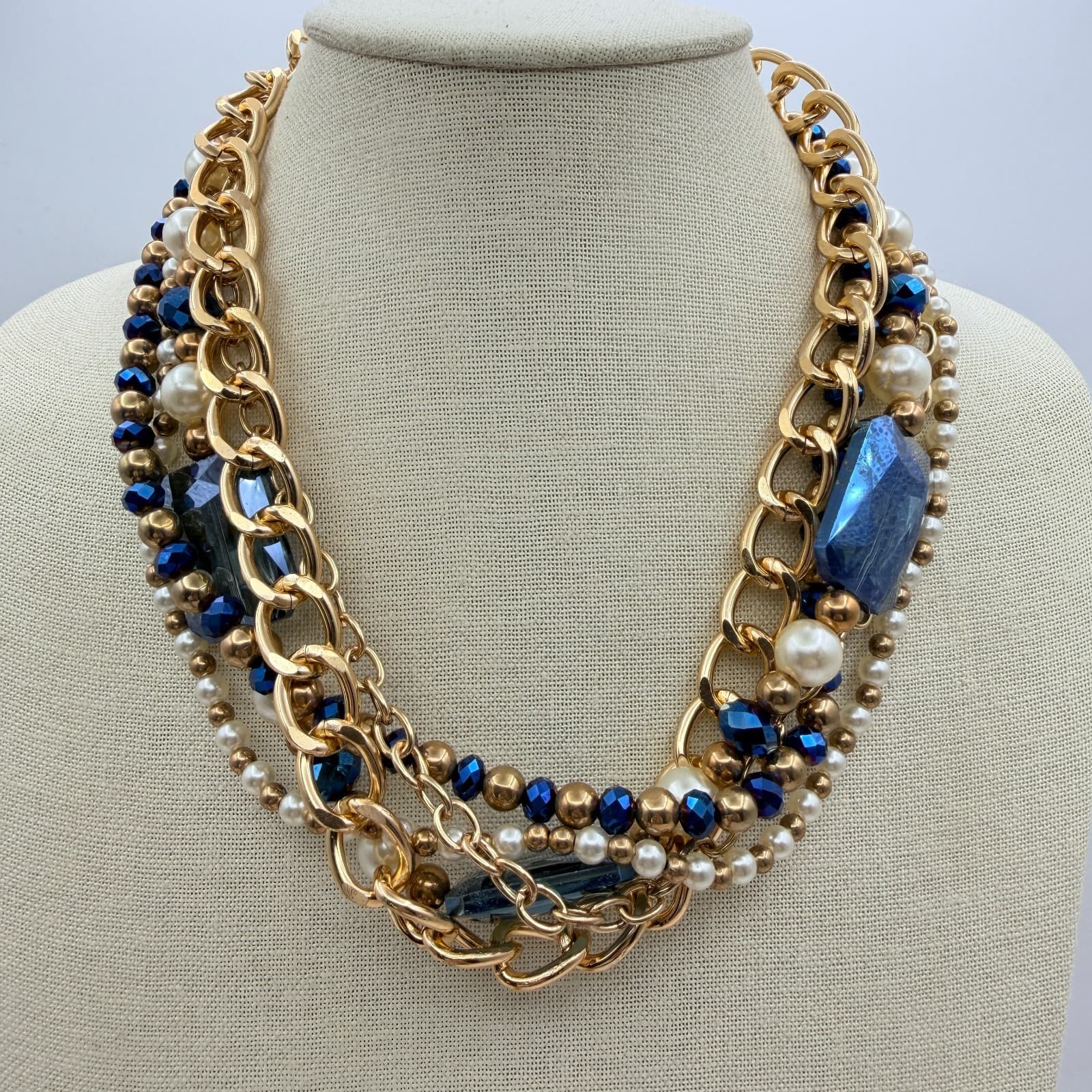 Vintage 90s Gold Tone Multi-Strand Necklace Faux Pearl Beaded Women's Jewelry - Thumbnail 2