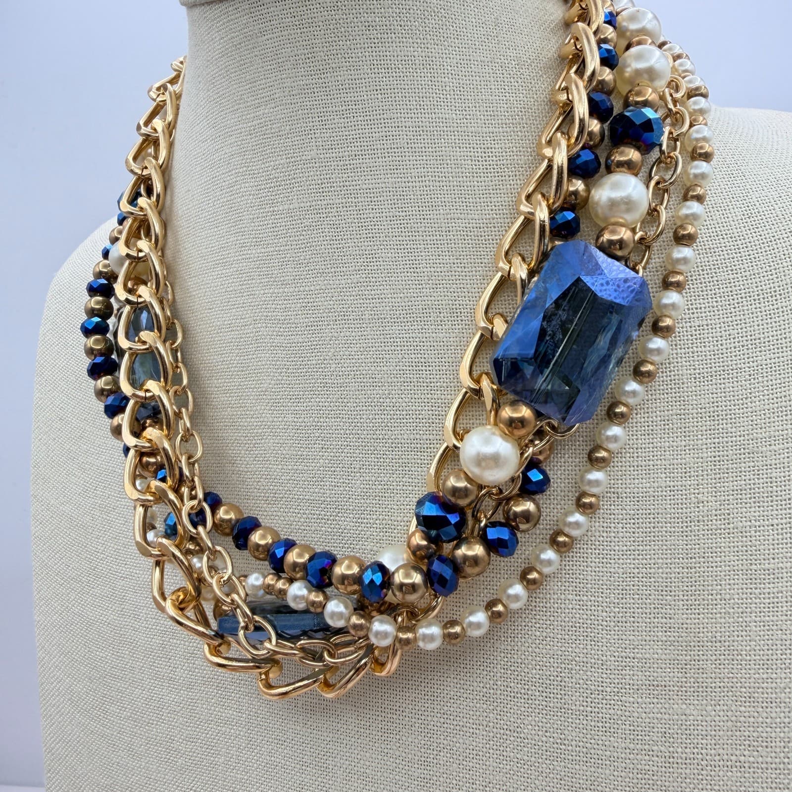 Vintage 90s Gold Tone Multi-Strand Necklace Faux Pearl Beaded Women's Jewelry - Thumbnail 3