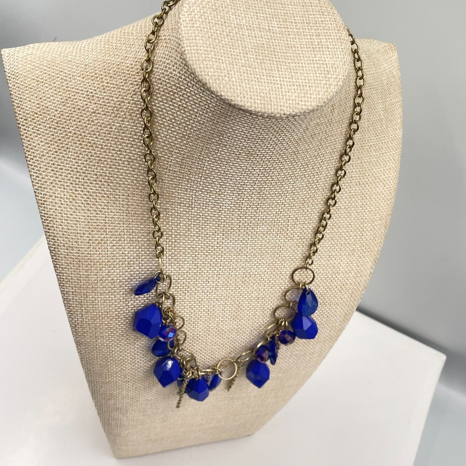 Gold-Tone Bohemian Classic Blue Faceted Glass Bead Fringe Bib Statement Necklace - Thumbnail 5