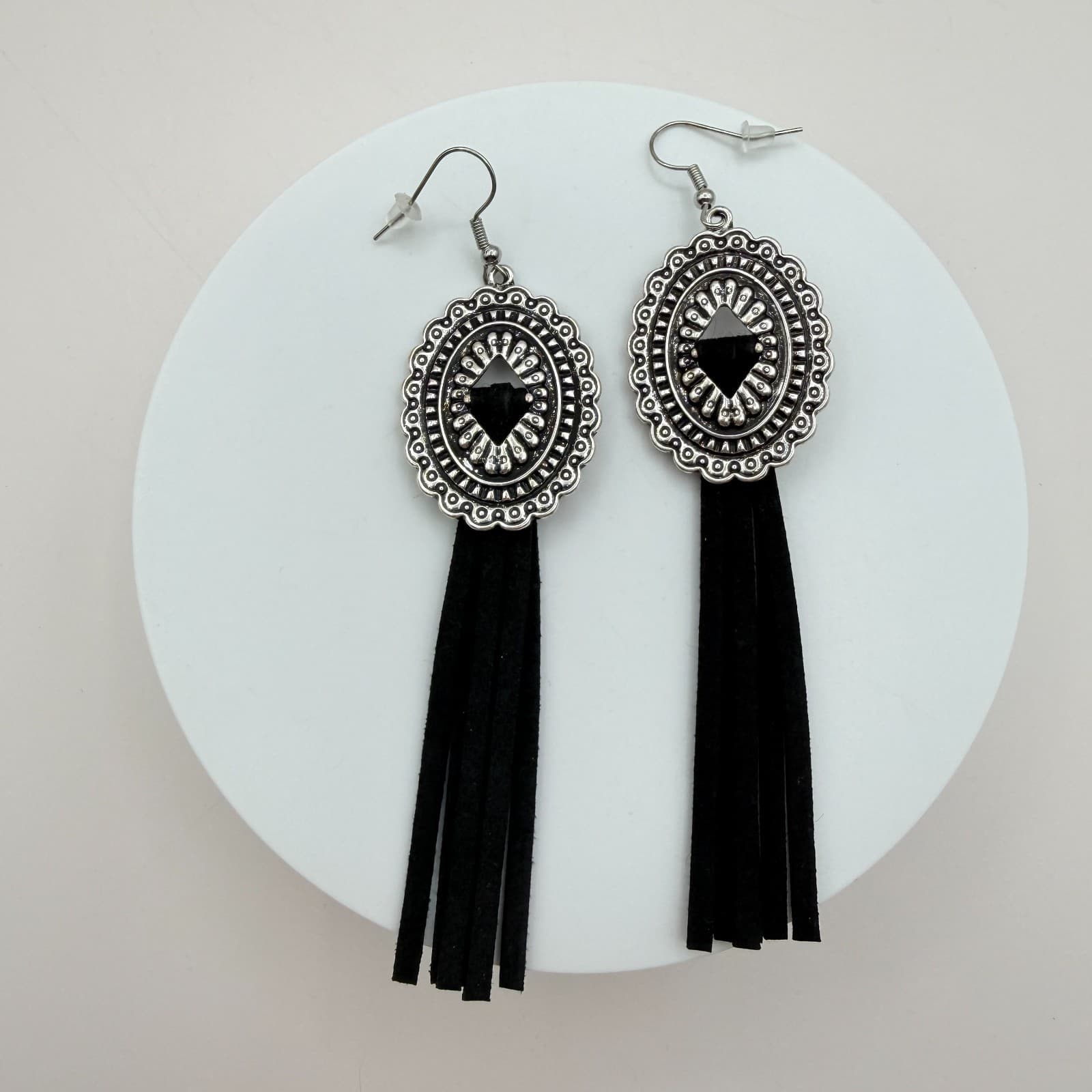 Vintage 90s Silver Tone Oval Dangle Earrings Black Faux Suede Tassel Jewelry - Image 1
