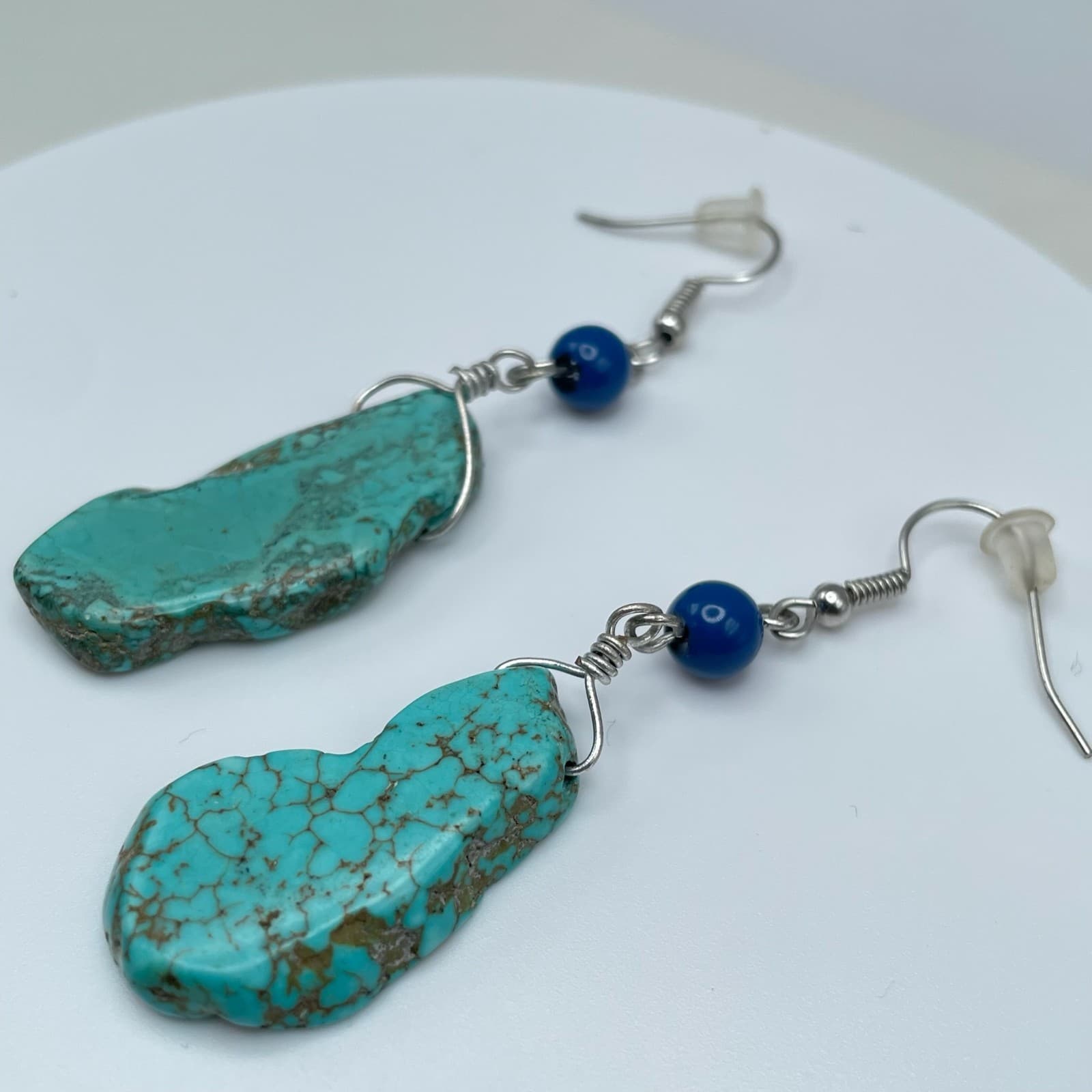 Vintage 90s Boho Silver Tone Turquoise Stone Dangle Earrings Women's Jewelry - Thumbnail 6