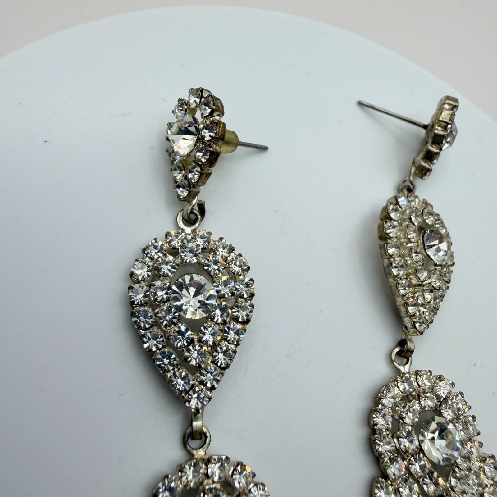 Vintage 90s Silver Tone Tassel Chandelier Earrings Clear Glass Women's Jewelry - Thumbnail 2