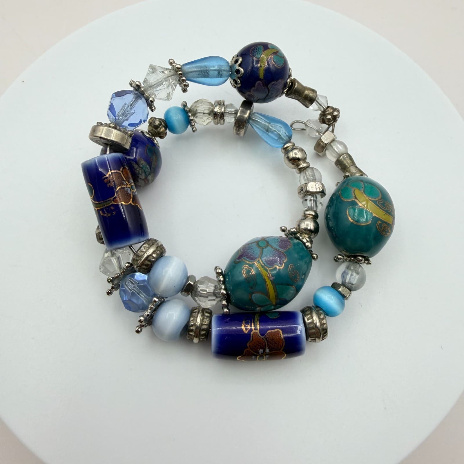 Vintage Y2K Polycrome Floral Glass Bead Memory Wire Bracelet Silver Tone Jewelry - Thumbnail 3