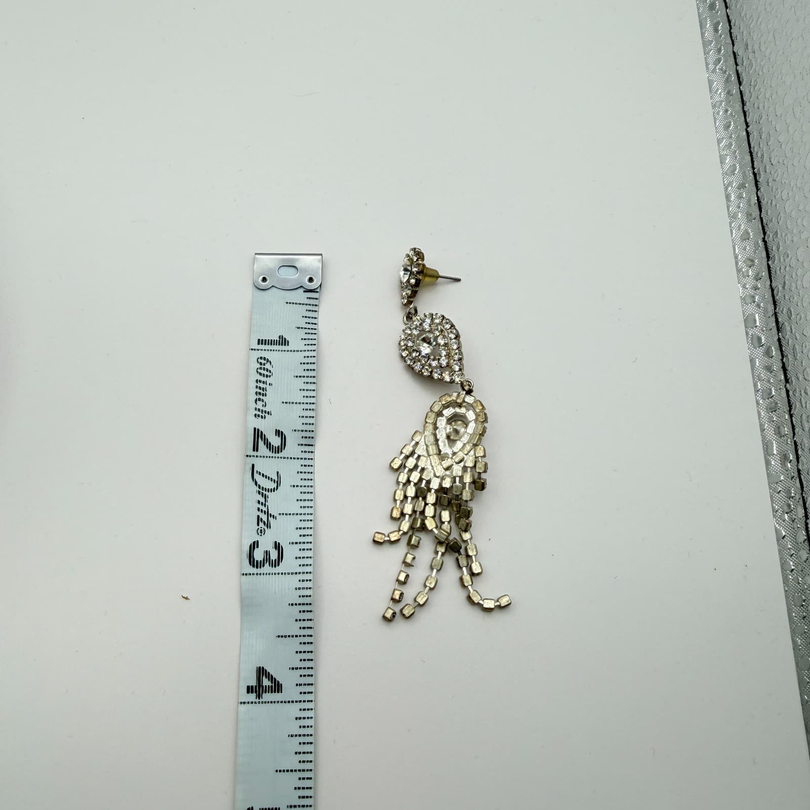 Vintage 90s Silver Tone Tassel Chandelier Earrings Clear Glass Women's Jewelry - Thumbnail 3