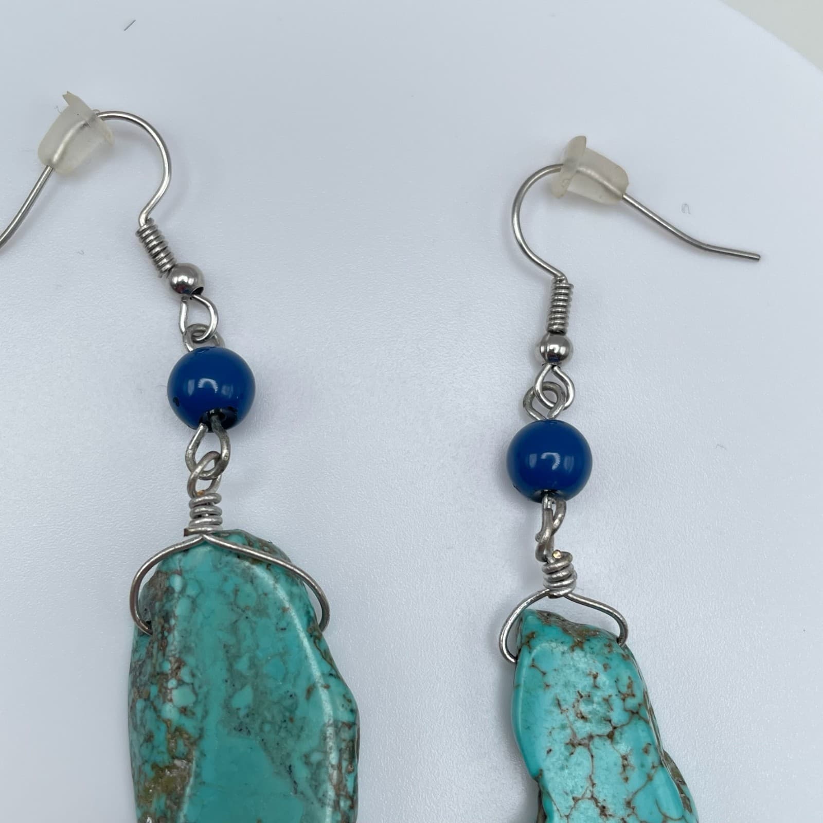 Vintage 90s Boho Silver Tone Turquoise Stone Dangle Earrings Women's Jewelry - Thumbnail 3