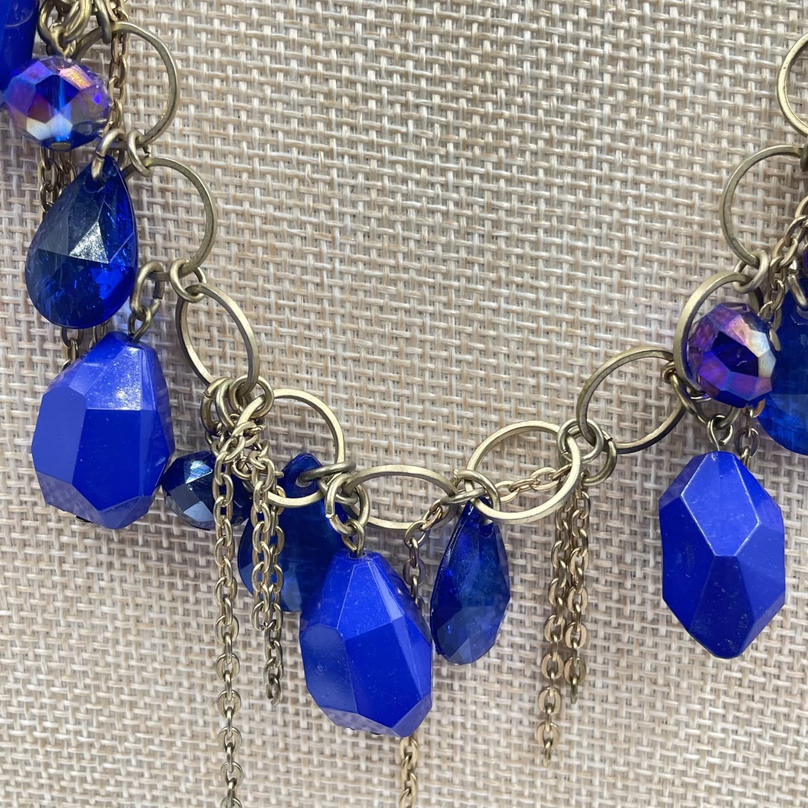 Gold-Tone Bohemian Classic Blue Faceted Glass Bead Fringe Bib Statement Necklace - Thumbnail 3