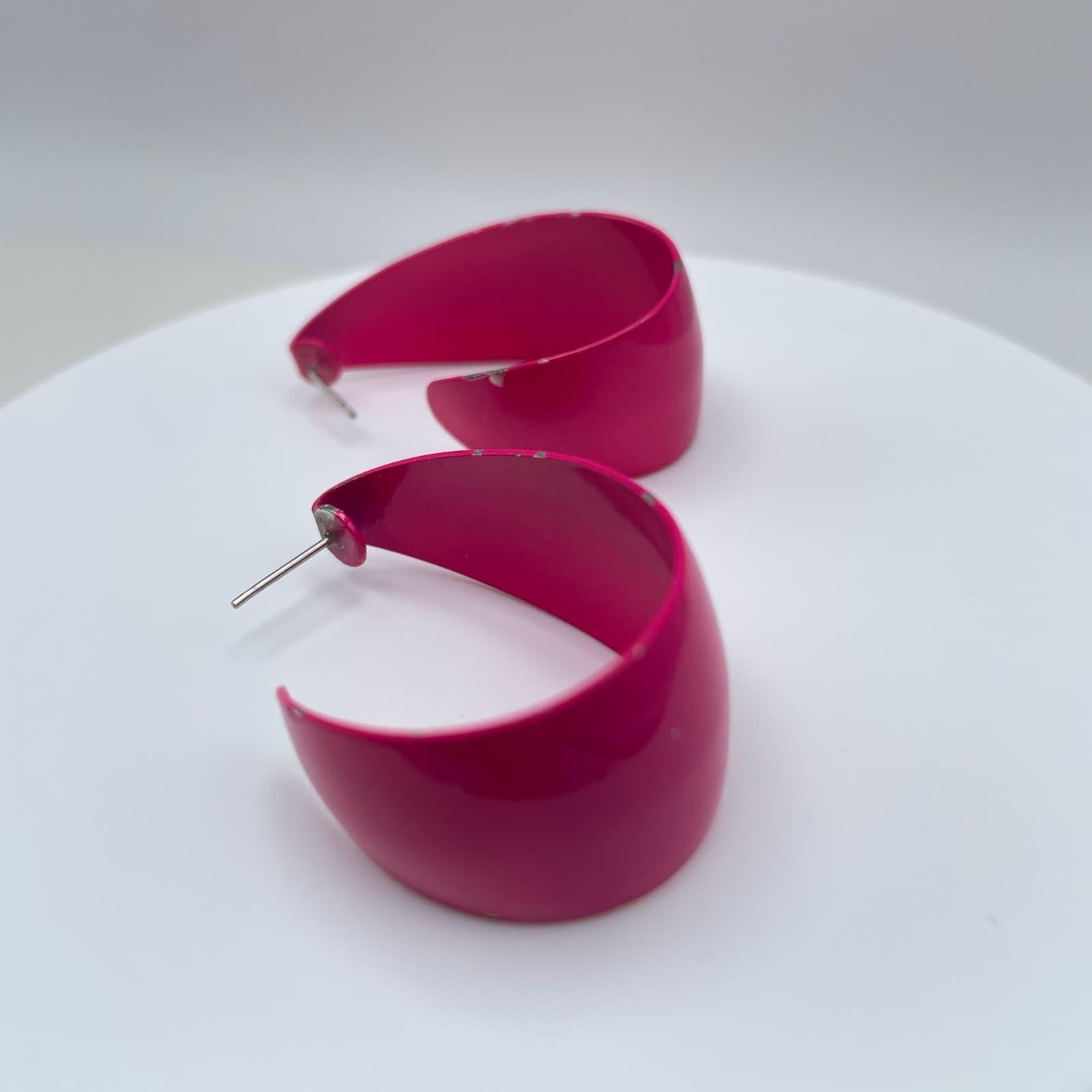 Vintage 80s Silver Tone Pink Hoop Earrings Boho Women's Classic Fashion Jewelry - Thumbnail 7