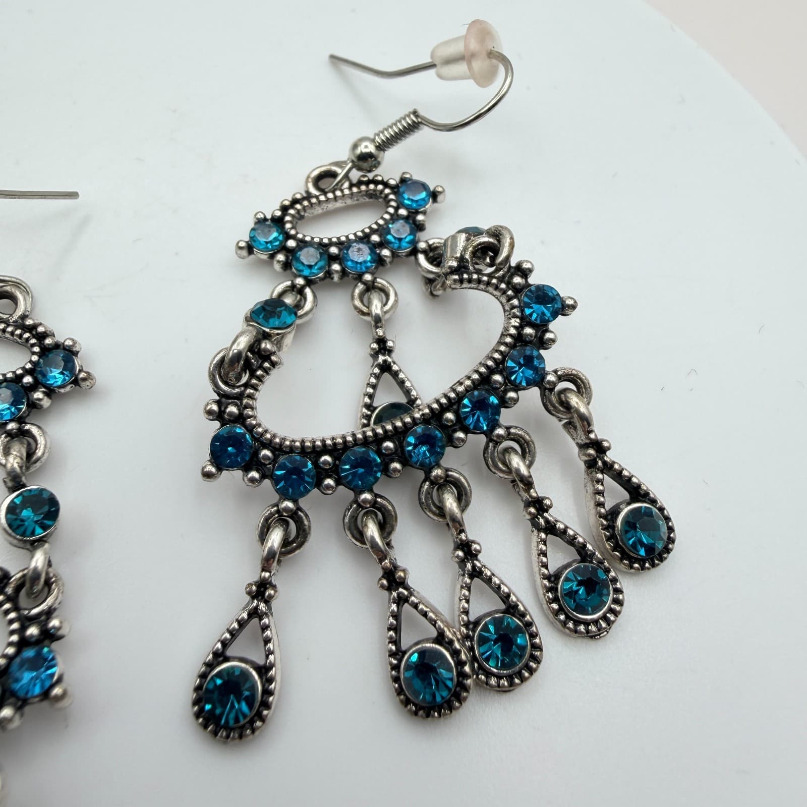 Vintage 90s Silver Tone Chandelier Earrings Blue Glass Boho Fashion Jewelry - Thumbnail 6