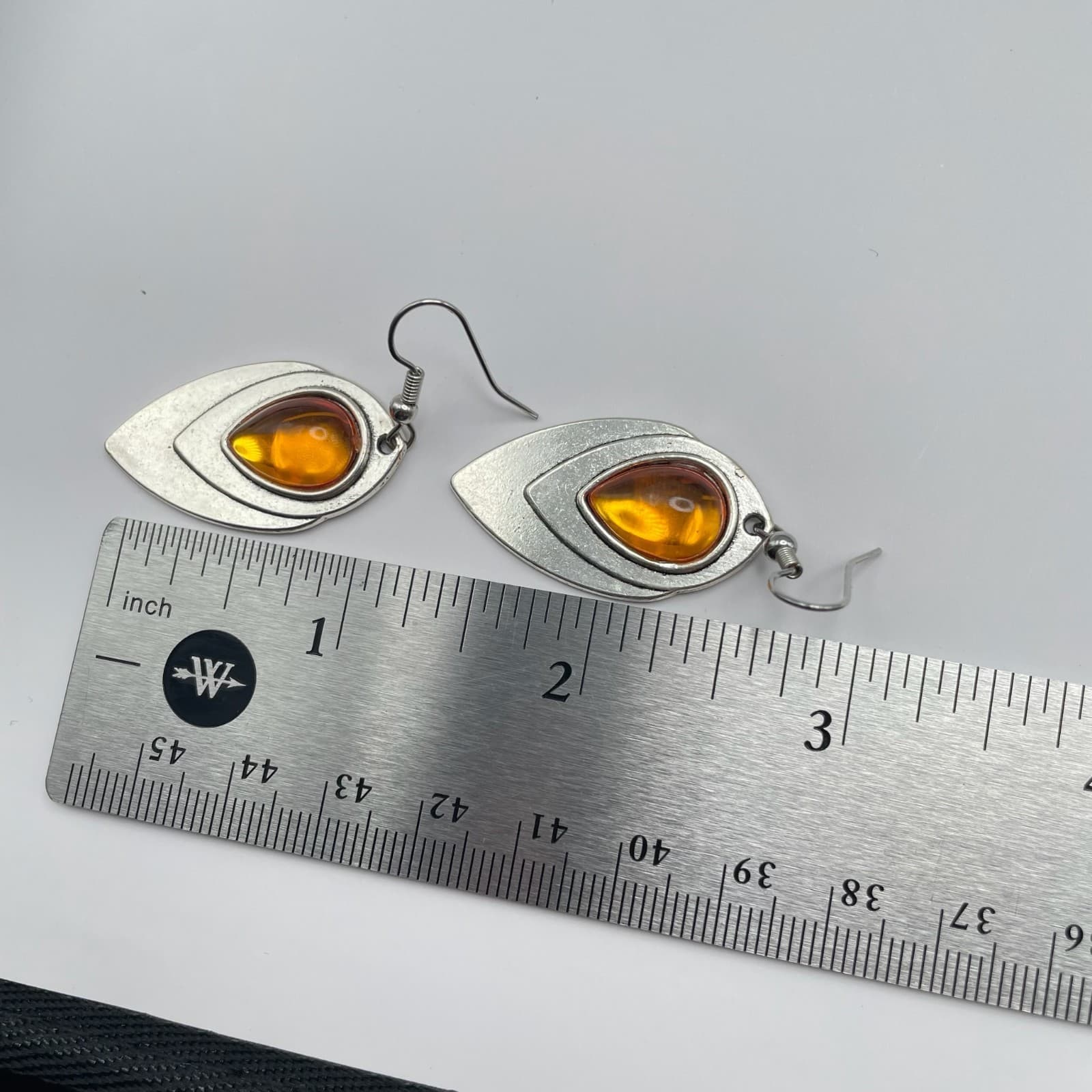 Vintage 90s Silver Tone Amber Teardrop Dangle Earrings Boho Fashion Jewelry - Thumbnail 14