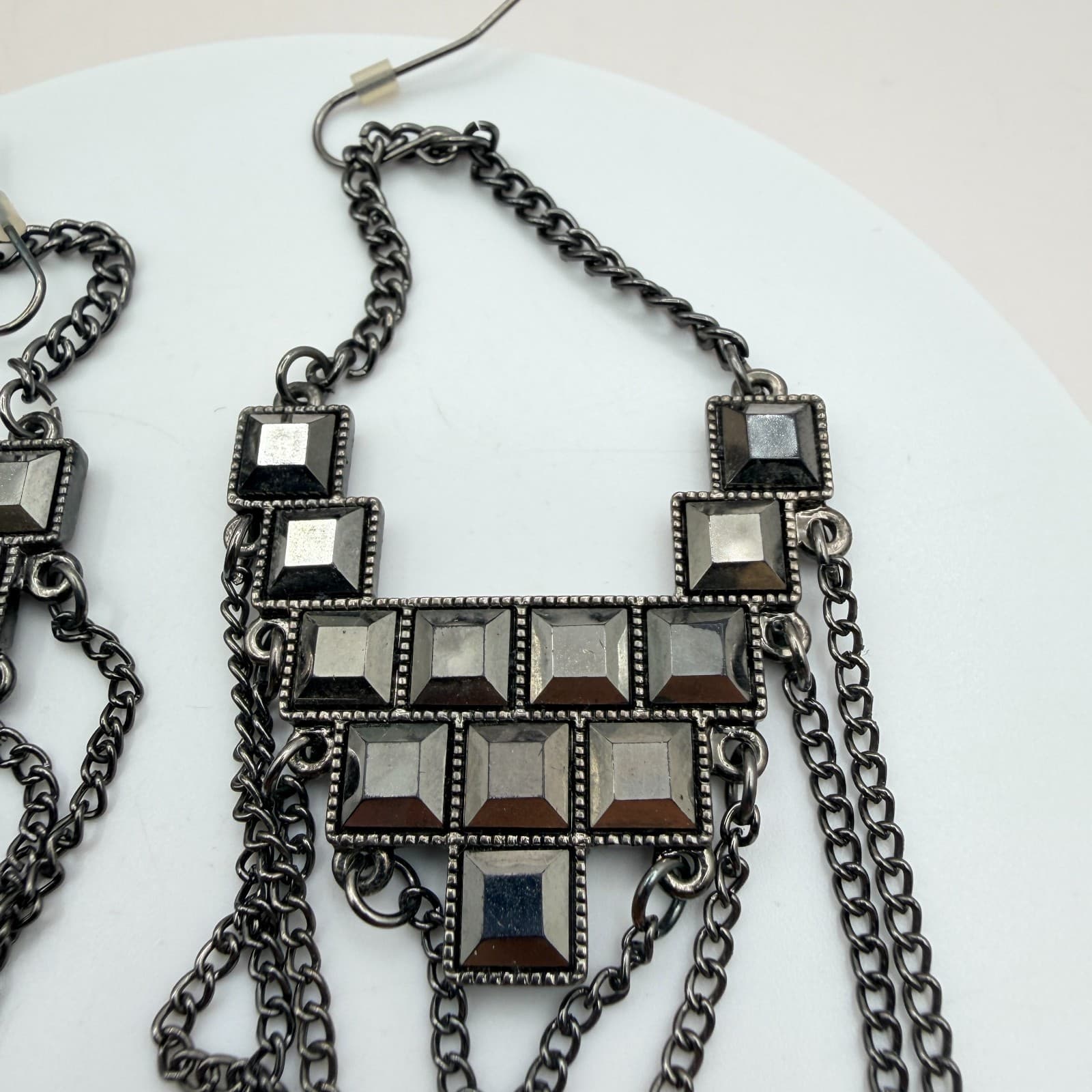 VTG Y2K Gunmetal Tone Geometric Glass Square Dangle Earrings Statement Jewelry - Thumbnail 5