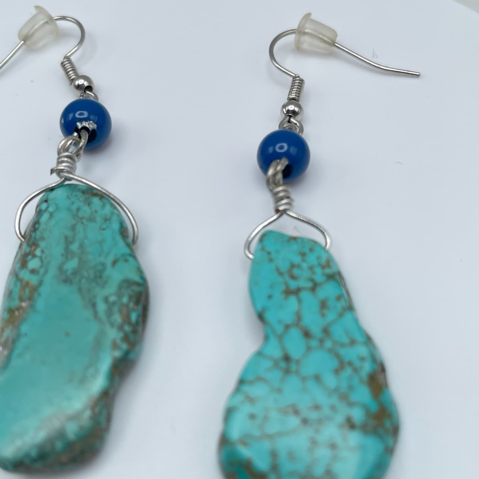 Vintage 90s Boho Silver Tone Turquoise Stone Dangle Earrings Women's Jewelry - Thumbnail 4