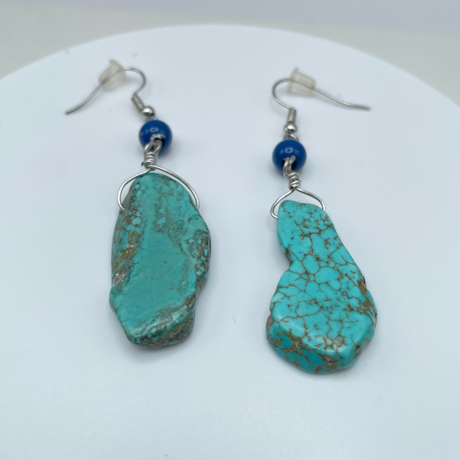 Vintage 90s Boho Silver Tone Turquoise Stone Dangle Earrings Women's Jewelry - Thumbnail 2