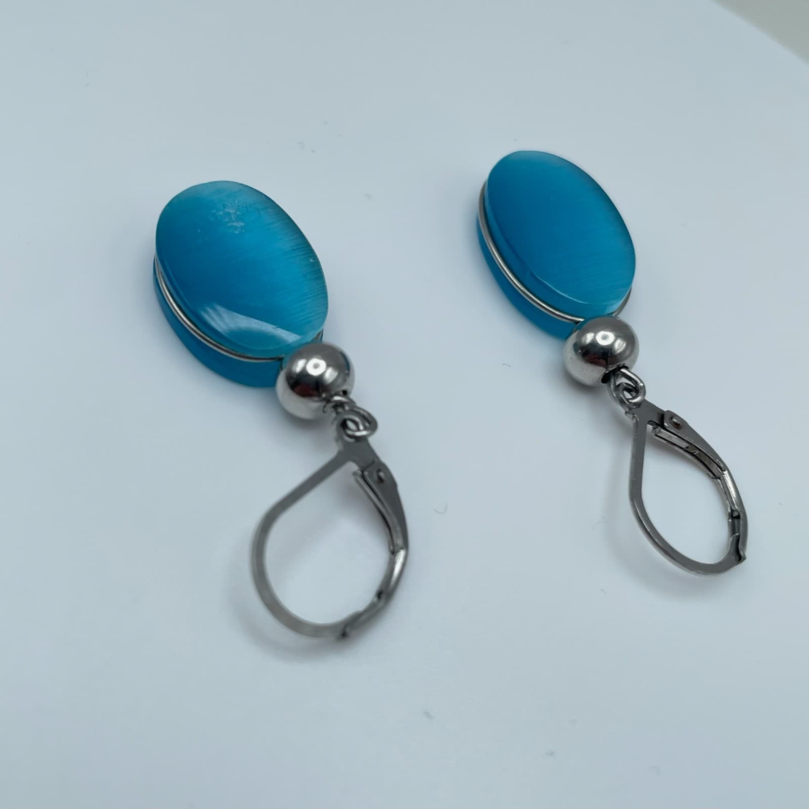 Vintage 80s Silver Tone Blue Oval Dangle Earrings Minimalist Women's Jewelry - Thumbnail 7