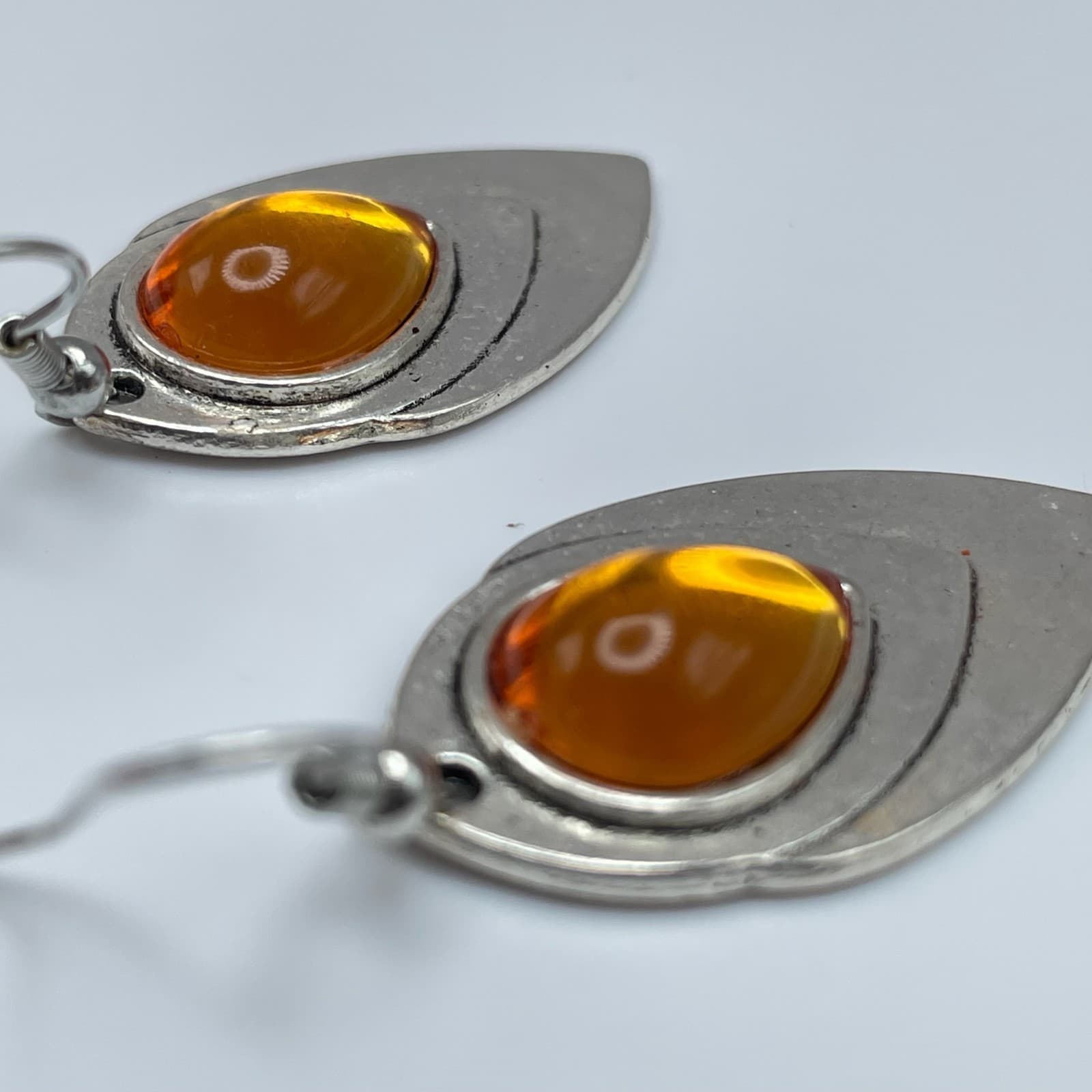 Vintage 90s Silver Tone Amber Teardrop Dangle Earrings Boho Fashion Jewelry - Thumbnail 13