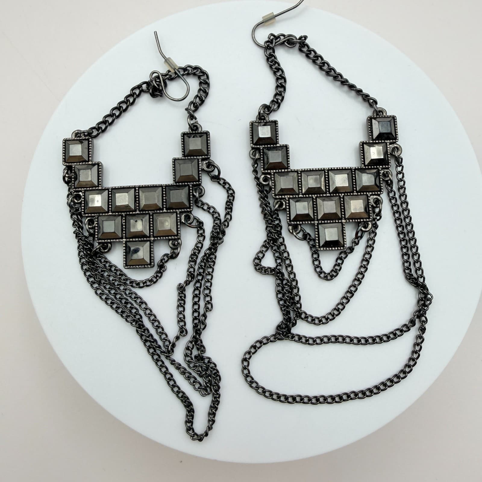 VTG Y2K Gunmetal Tone Geometric Glass Square Dangle Earrings Statement Jewelry - Thumbnail 2