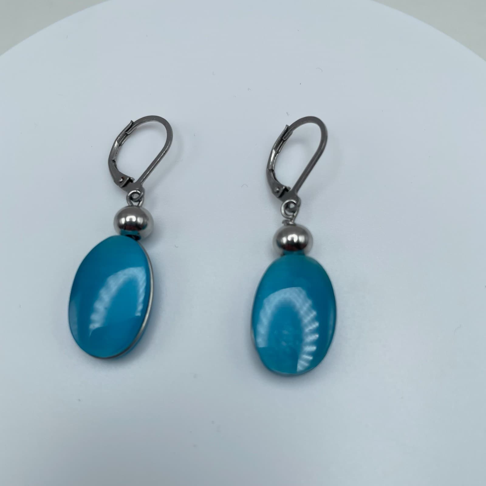 Vintage 80s Silver Tone Blue Oval Dangle Earrings Minimalist Women's Jewelry - Thumbnail 3