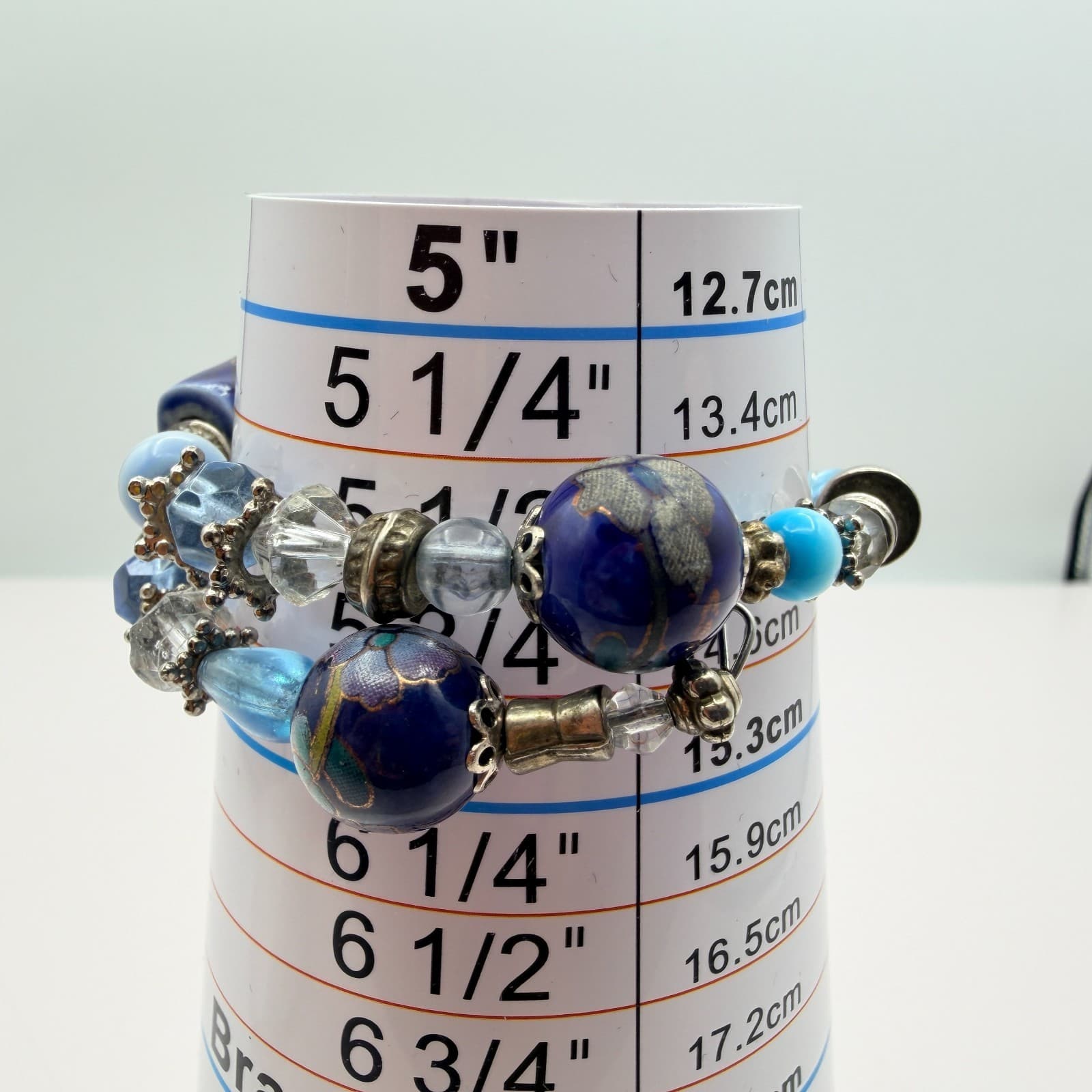 Vintage Y2K Polycrome Floral Glass Bead Memory Wire Bracelet Silver Tone Jewelry - Thumbnail 8