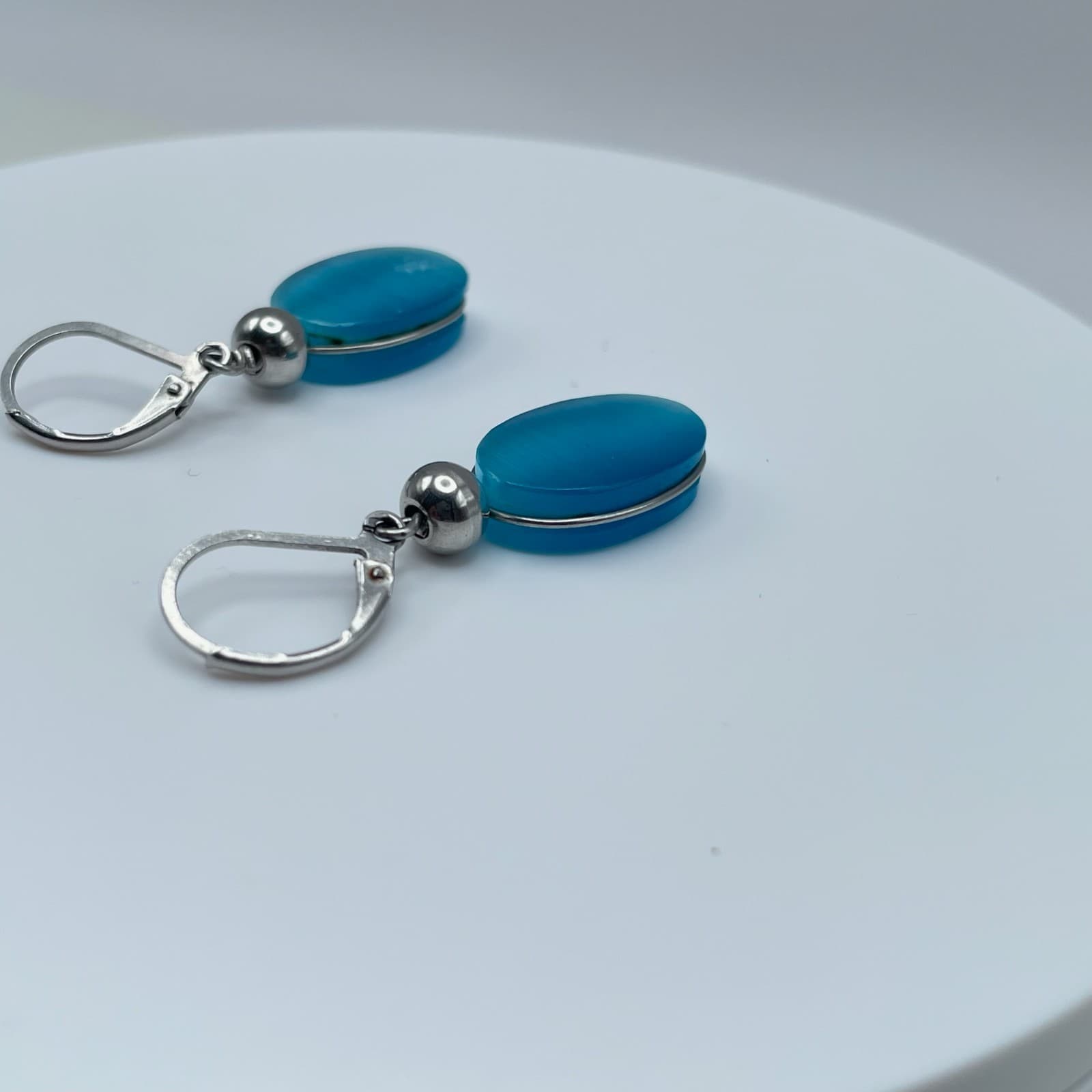 Vintage 80s Silver Tone Blue Oval Dangle Earrings Minimalist Women's Jewelry - Thumbnail 8