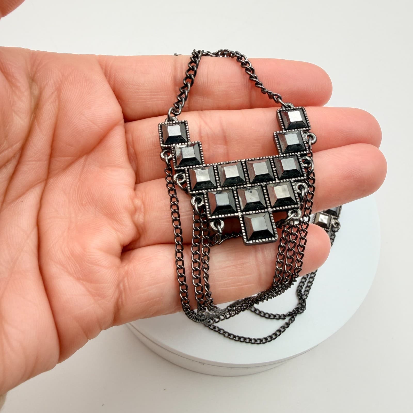 VTG Y2K Gunmetal Tone Geometric Glass Square Dangle Earrings Statement Jewelry - Thumbnail 8