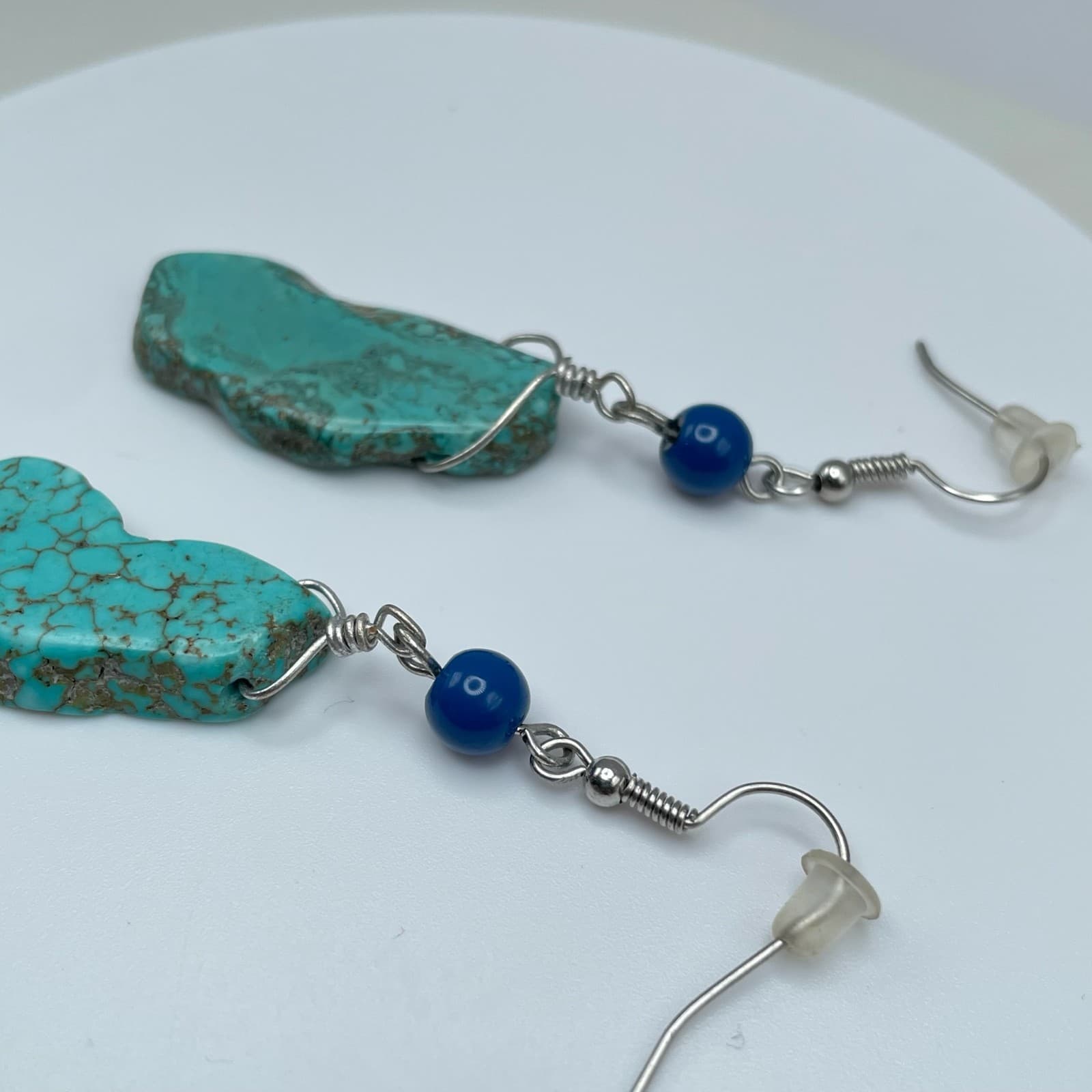 Vintage 90s Boho Silver Tone Turquoise Stone Dangle Earrings Women's Jewelry - Thumbnail 7