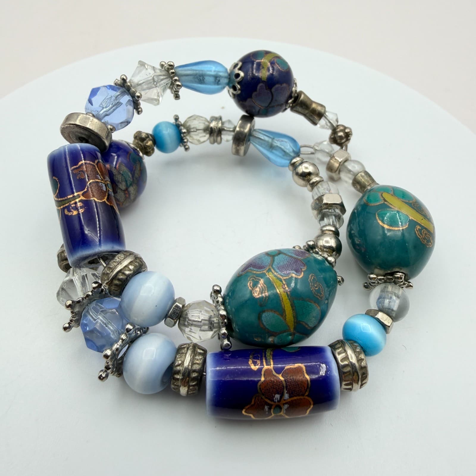 Vintage Y2K Polycrome Floral Glass Bead Memory Wire Bracelet Silver Tone Jewelry - Thumbnail 4