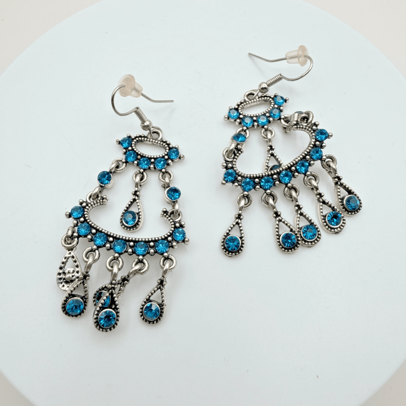Vintage 90s Silver Tone Chandelier Earrings Blue Glass Boho Fashion Jewelry - Image 1