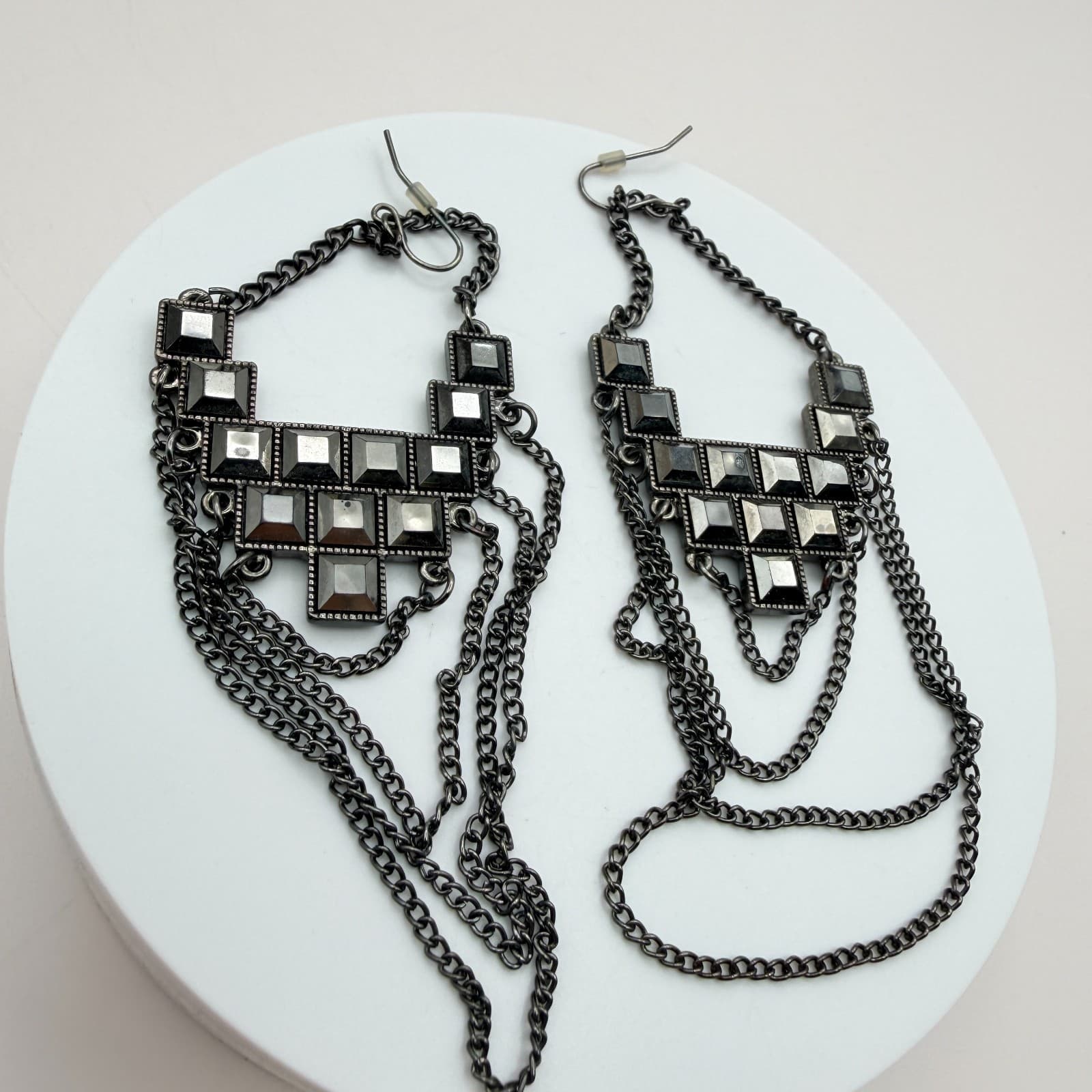 VTG Y2K Gunmetal Tone Geometric Glass Square Dangle Earrings Statement Jewelry - Thumbnail 4