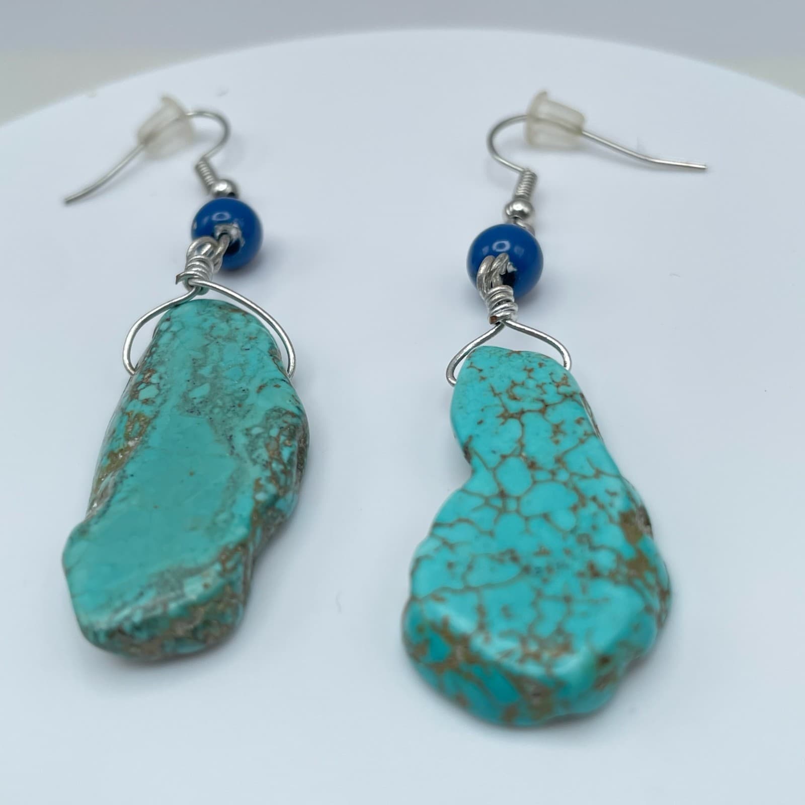 Vintage 90s Boho Silver Tone Turquoise Stone Dangle Earrings Women's Jewelry - Thumbnail 5