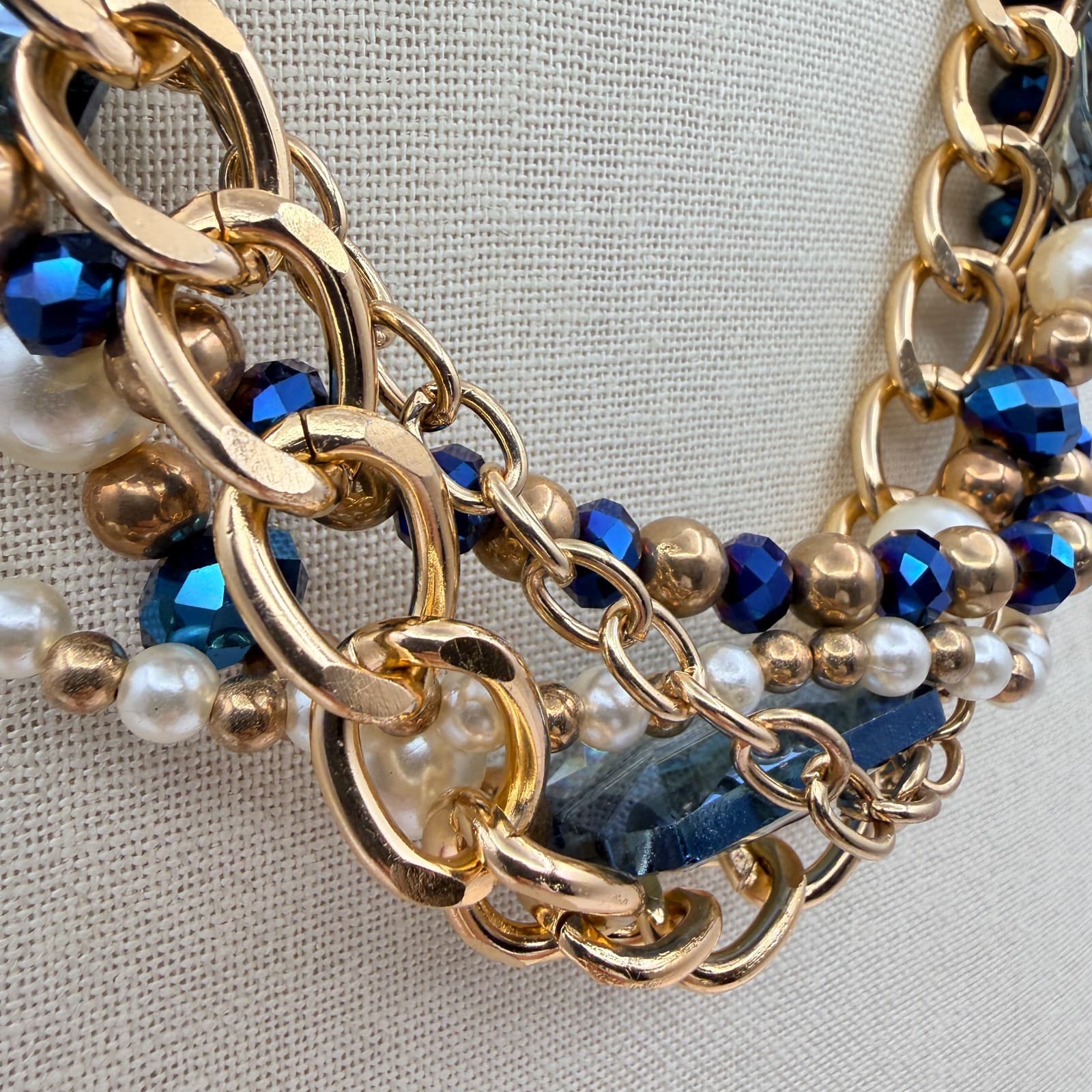 Vintage 90s Gold Tone Multi-Strand Necklace Faux Pearl Beaded Women's Jewelry - Thumbnail 4