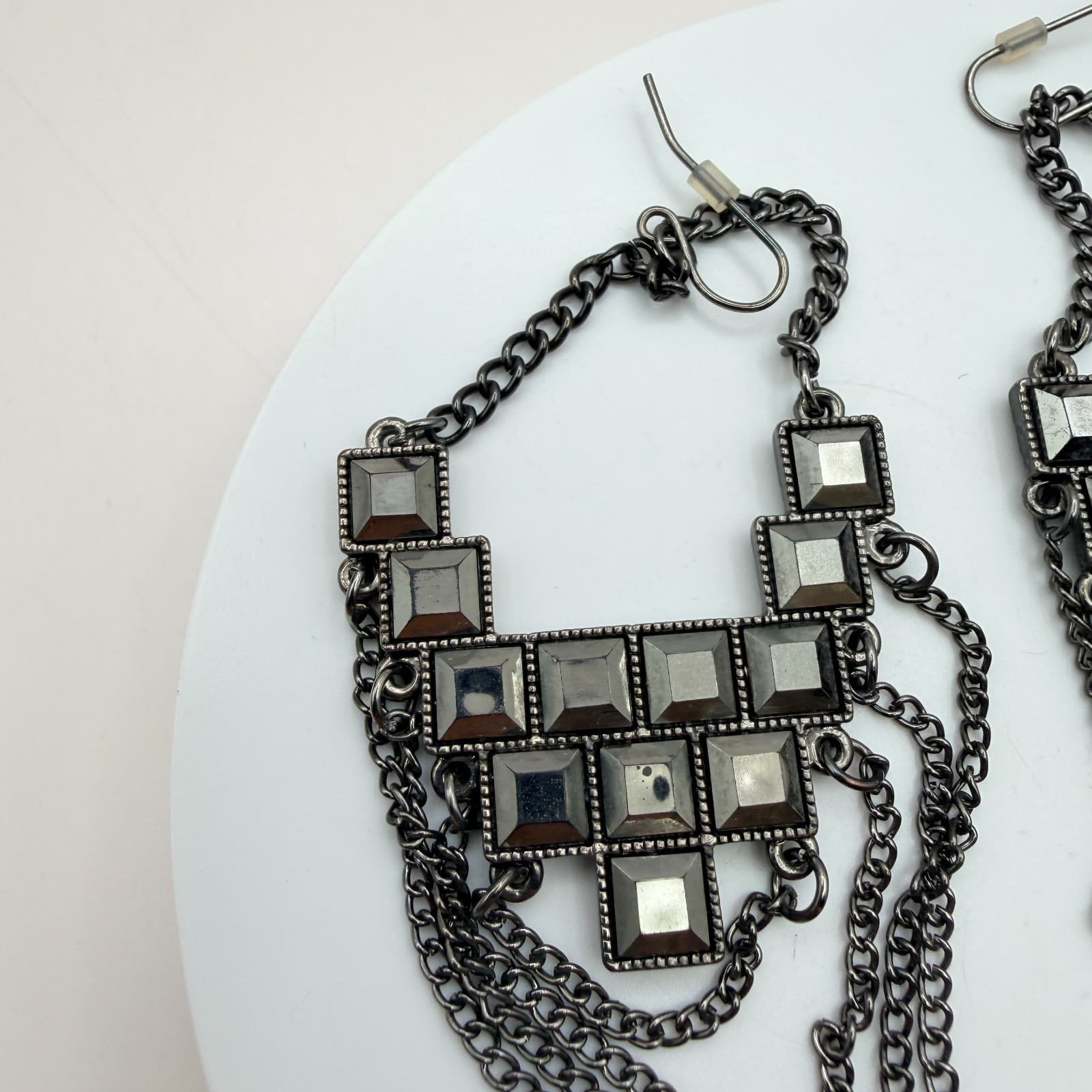 VTG Y2K Gunmetal Tone Geometric Glass Square Dangle Earrings Statement Jewelry - Thumbnail 3