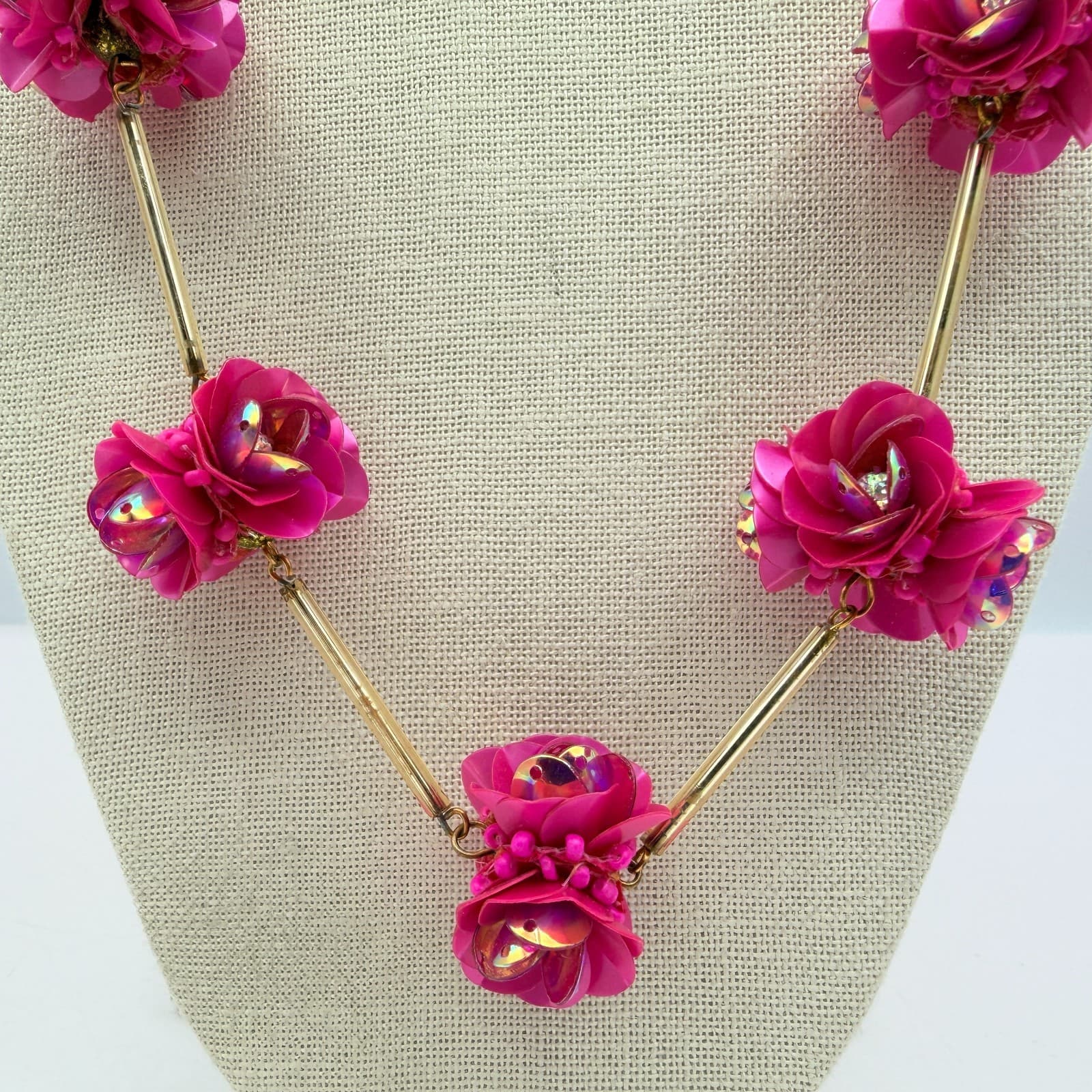 Vintage 90s Gold Tone Necklace Pink Sequin Floral Boho Women's Classic Jewelry - Thumbnail 5