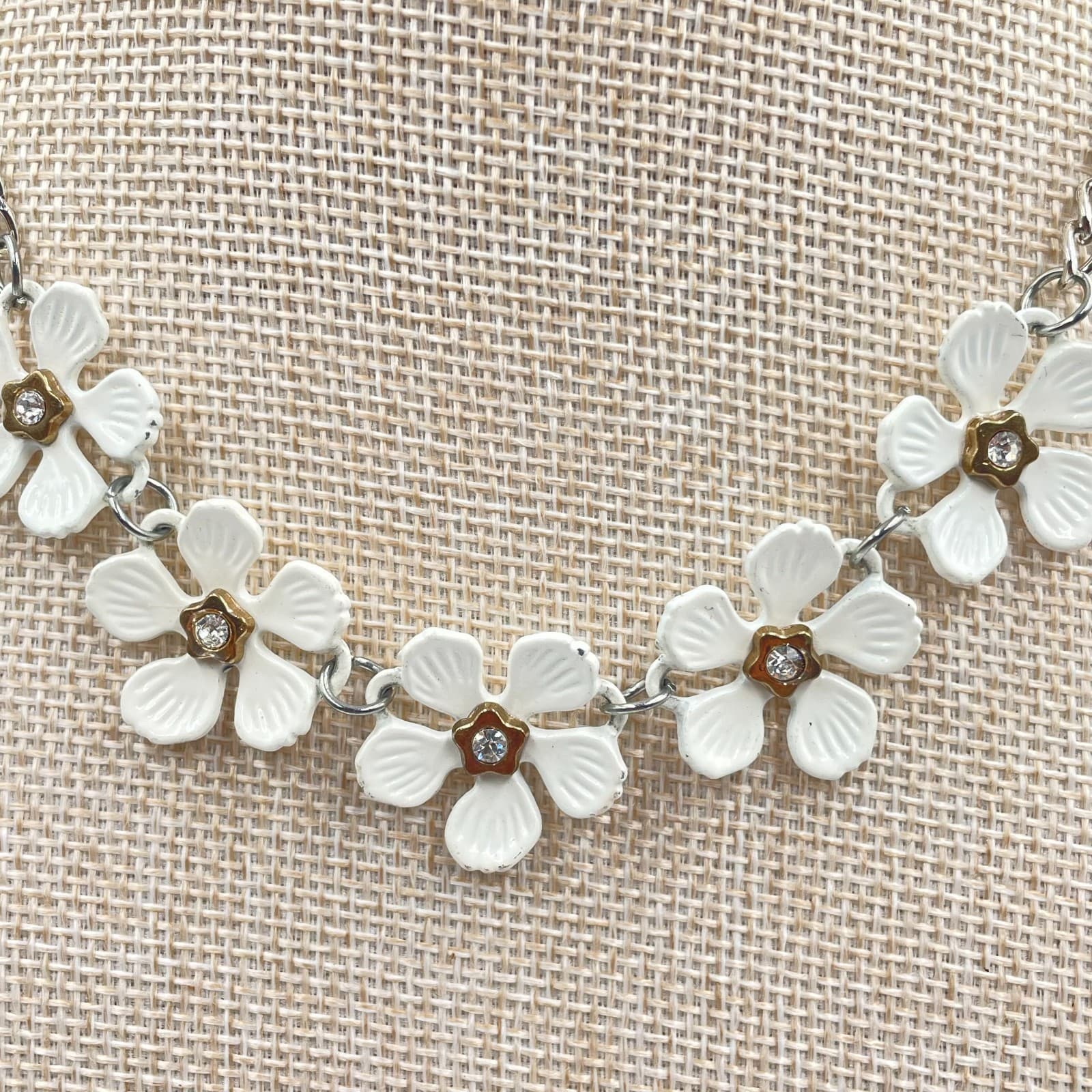 VTG Silver-Tone White Rhinestone Petal Daisy Charm Garland Bib Station Necklace - Thumbnail 3