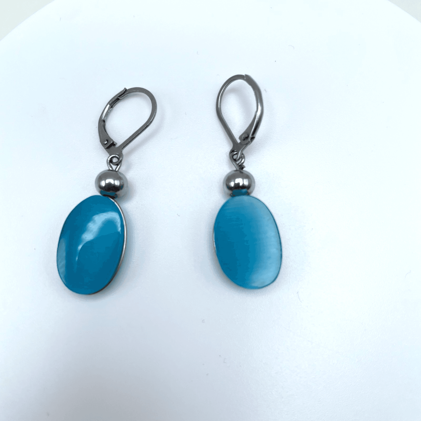 Vintage 80s Silver Tone Blue Oval Dangle Earrings Minimalist Women's Jewelry - Image 1