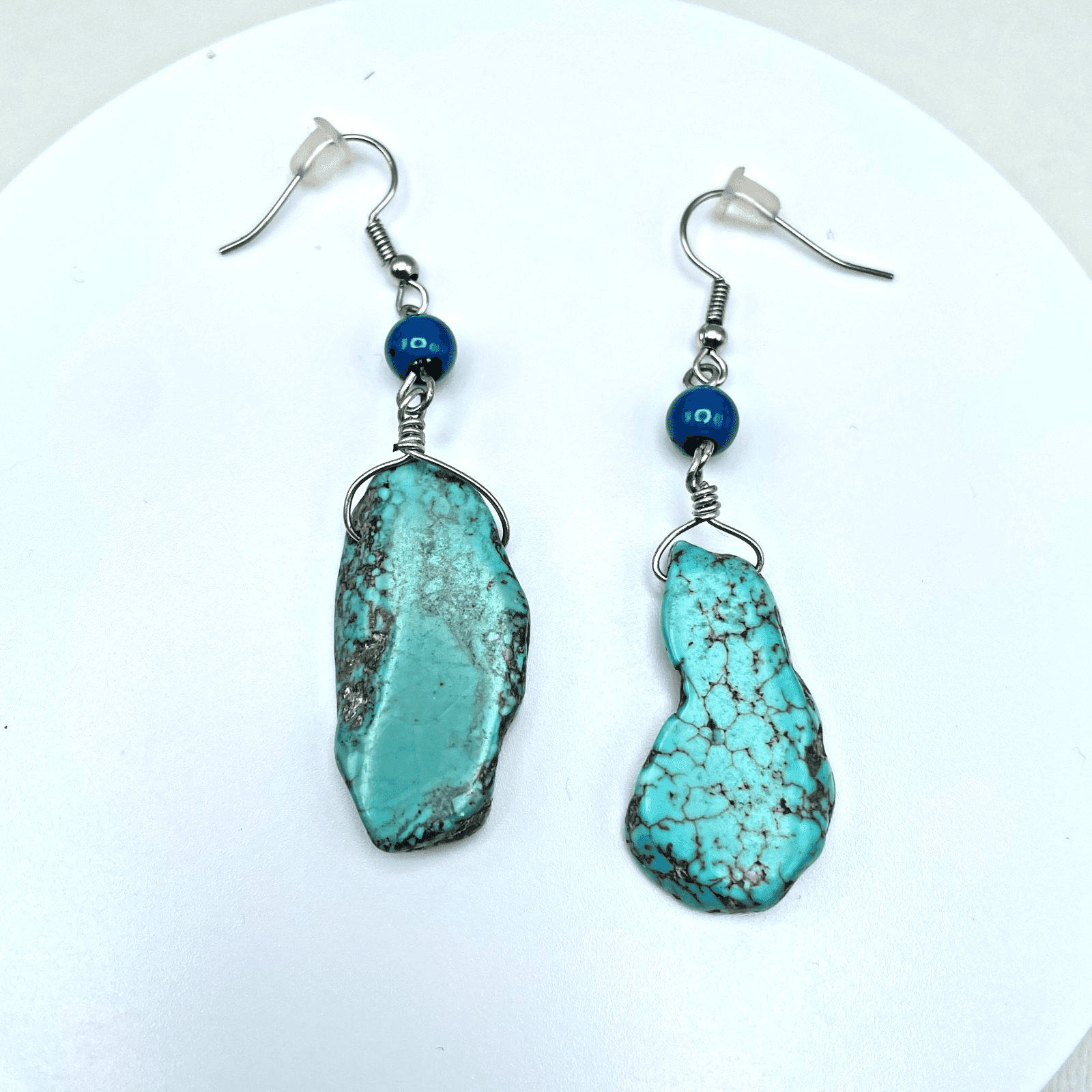 Vintage 90s Boho Silver Tone Turquoise Stone Dangle Earrings Women's Jewelry - Image 1