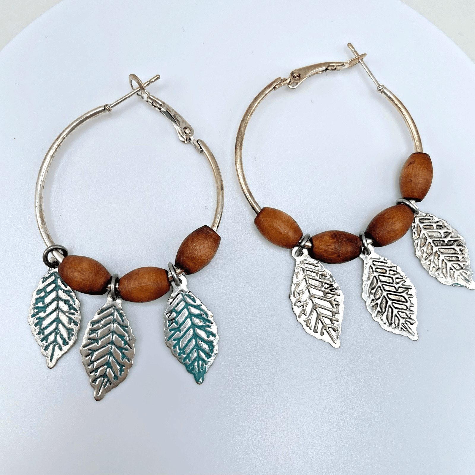 Vintage 90s Boho Silver Tone Hoop Earrings Wooden Beaded Patina Leaf Jewelry - Image 1