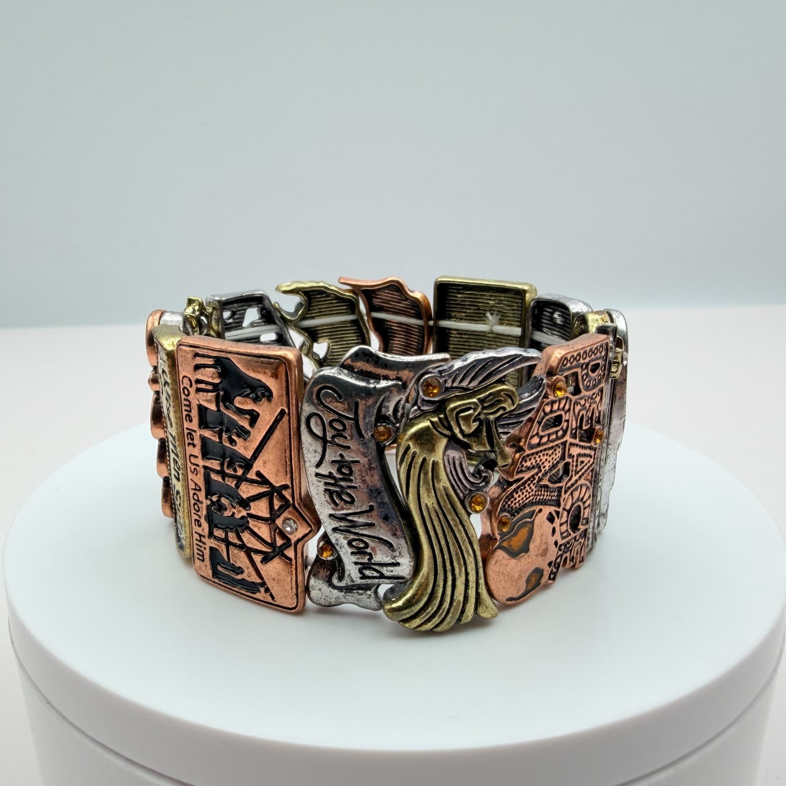 Vintage 90s Religious Panel Stretch Bracelet Nativity Joy World Glass Jewelry - Thumbnail 7