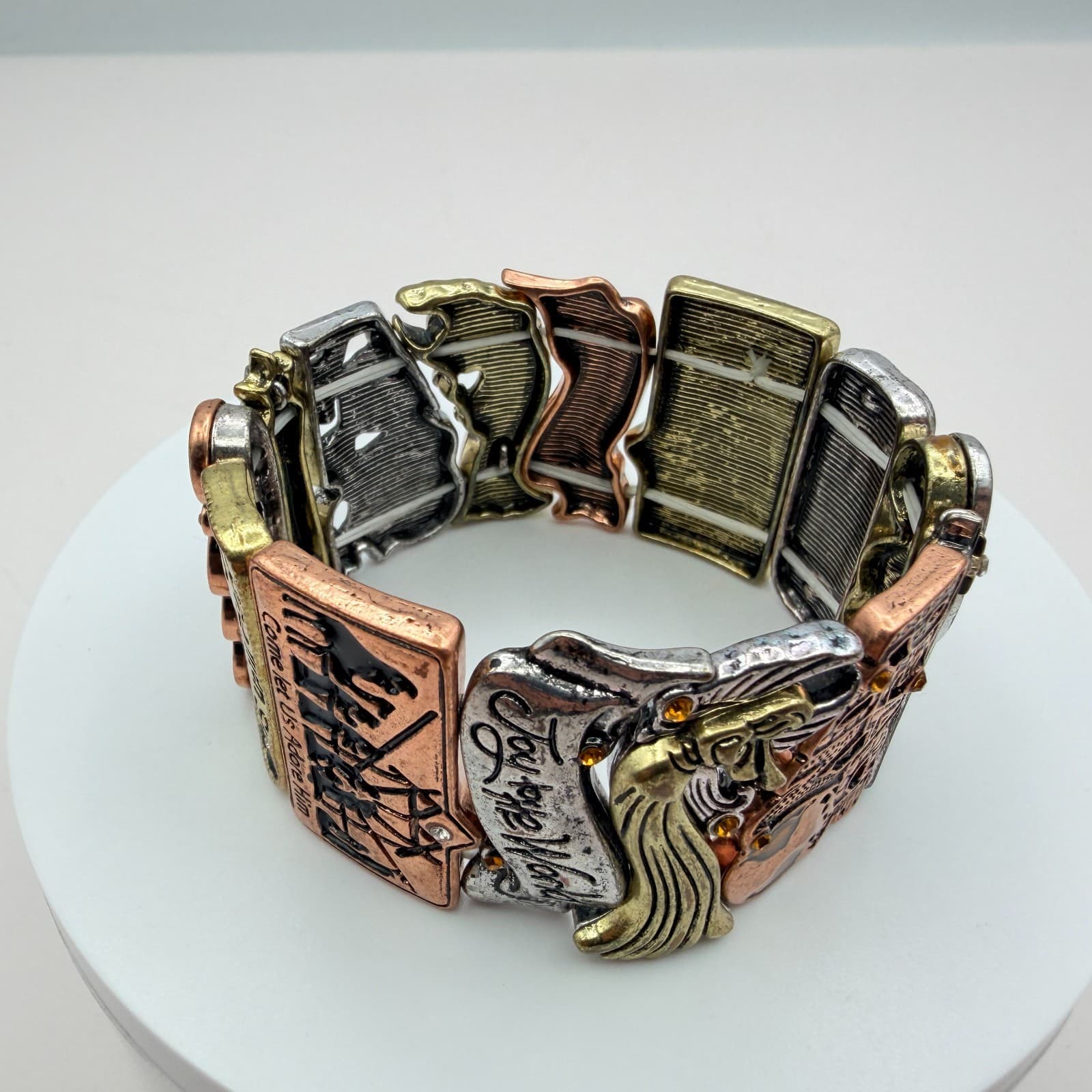 Vintage 90s Religious Panel Stretch Bracelet Nativity Joy World Glass Jewelry - Thumbnail 2