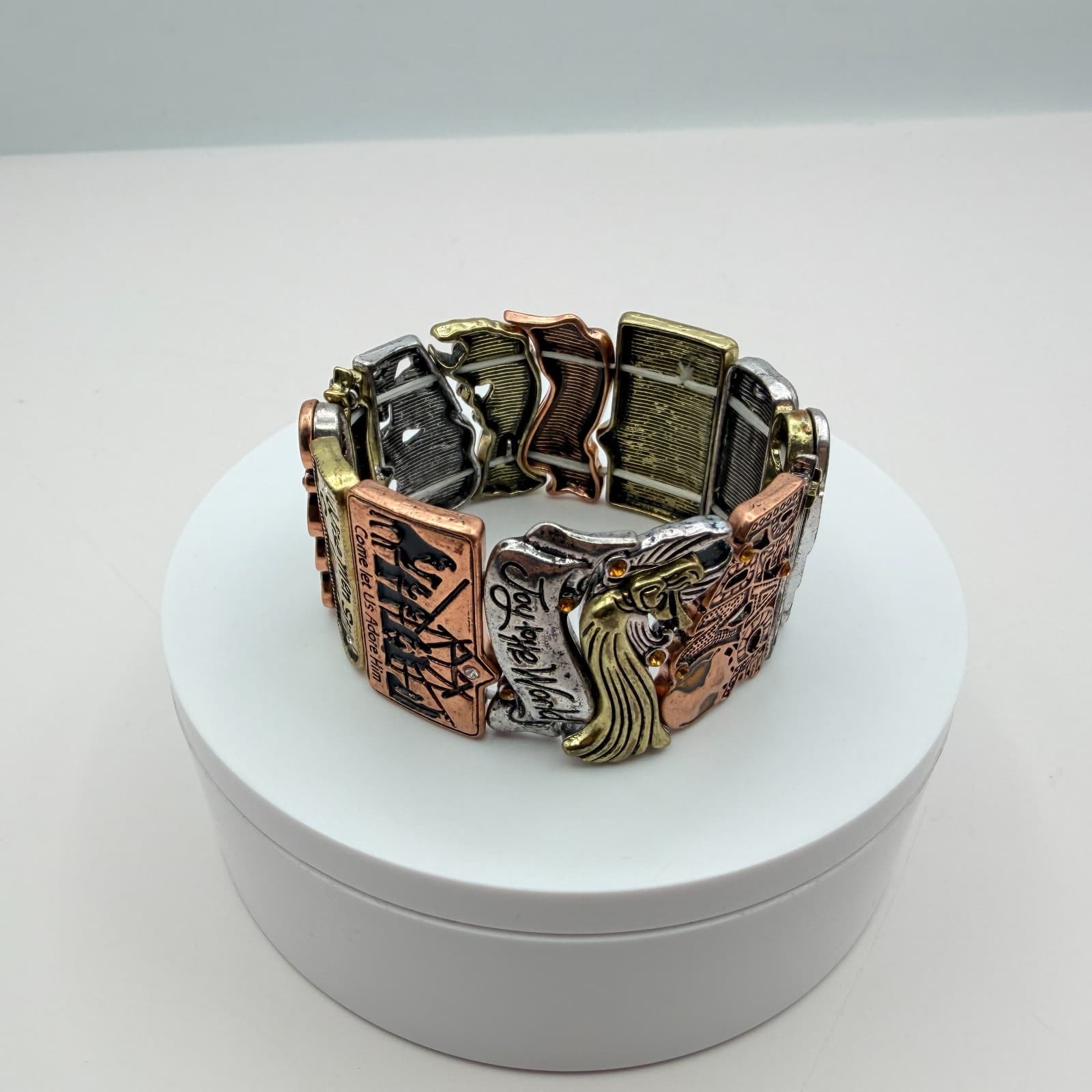 Vintage 90s Religious Panel Stretch Bracelet Nativity Joy World Glass Jewelry - Thumbnail 4