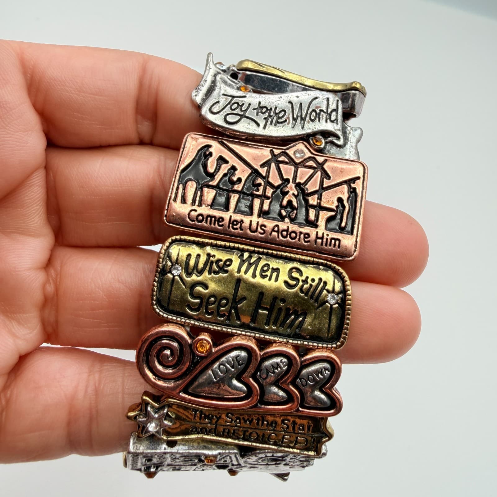 Vintage 90s Religious Panel Stretch Bracelet Nativity Joy World Glass Jewelry - Thumbnail 8