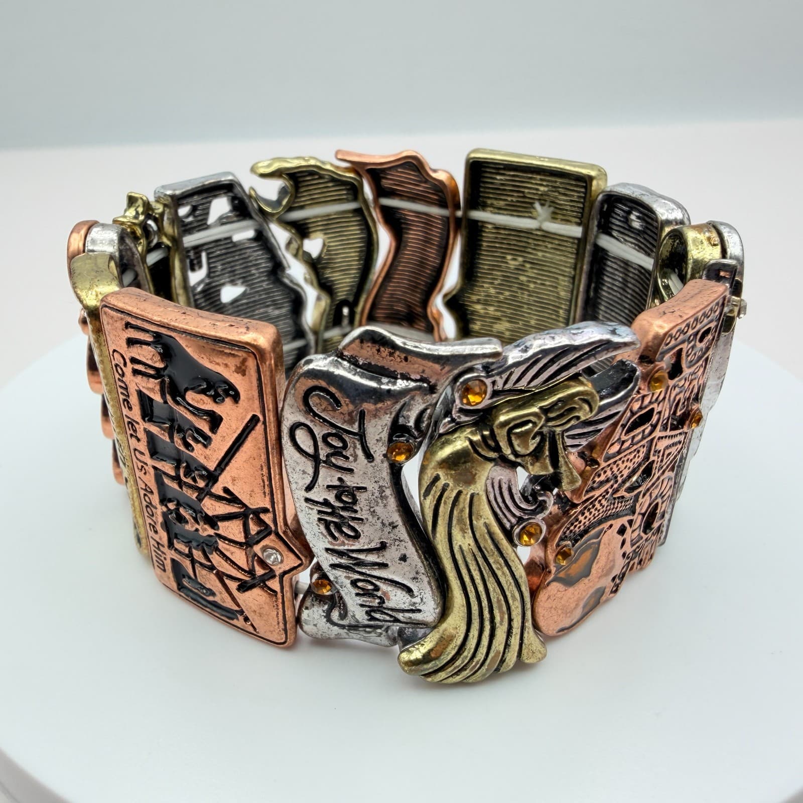 Vintage 90s Religious Panel Stretch Bracelet Nativity Joy World Glass Jewelry - Thumbnail 3