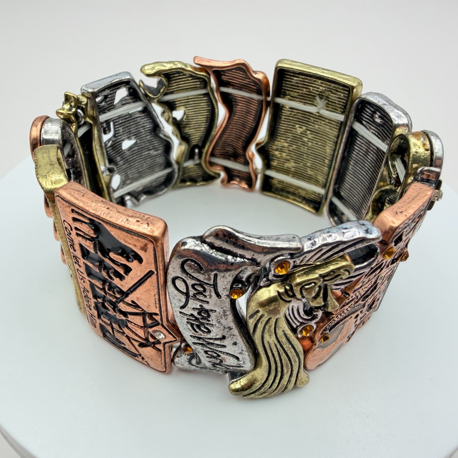 Vintage 90s Religious Panel Stretch Bracelet Nativity Joy World Glass Jewelry - Thumbnail 6