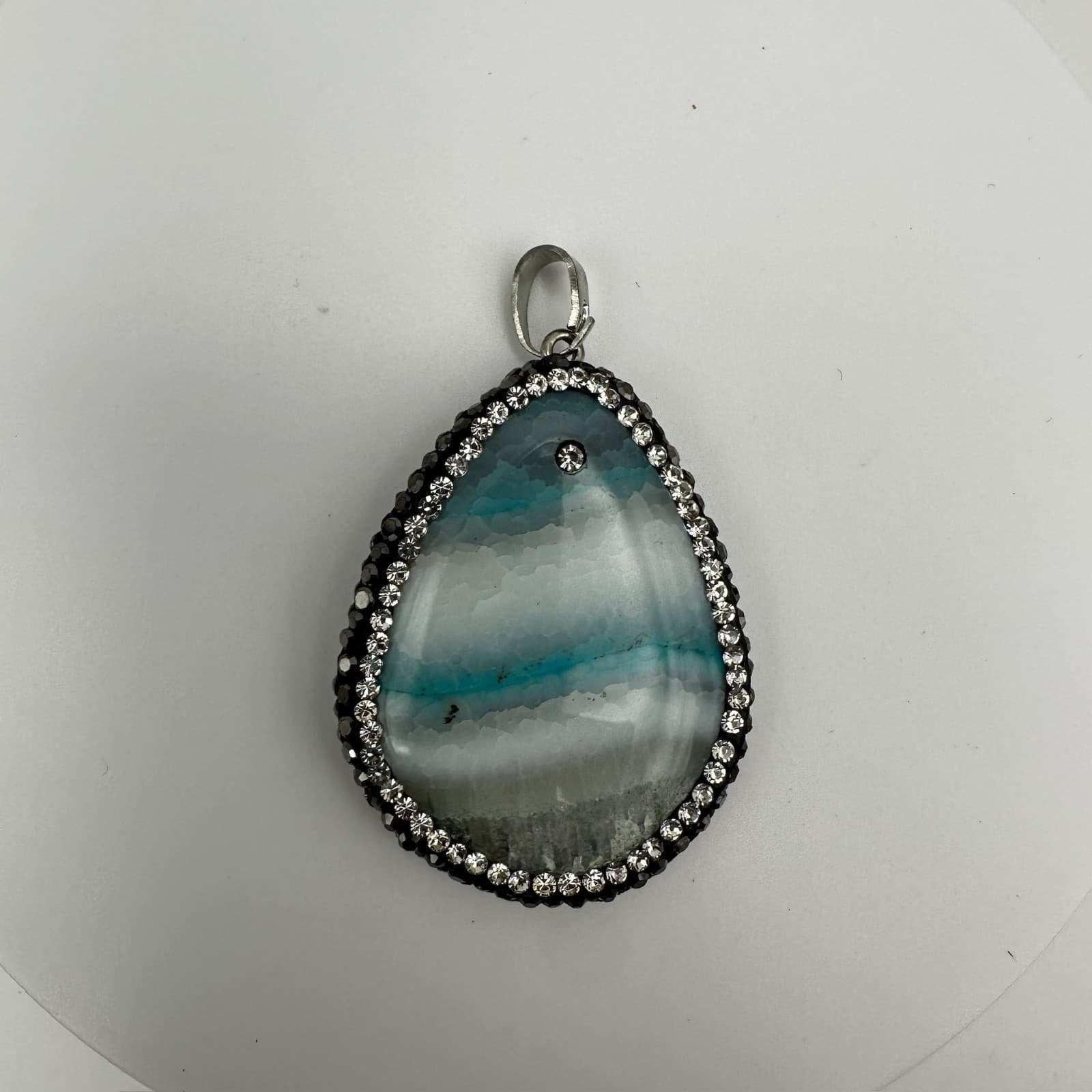Vintage 90s Blue agate teardrop pendant black & clear rhinestone Jewelry - Image 1