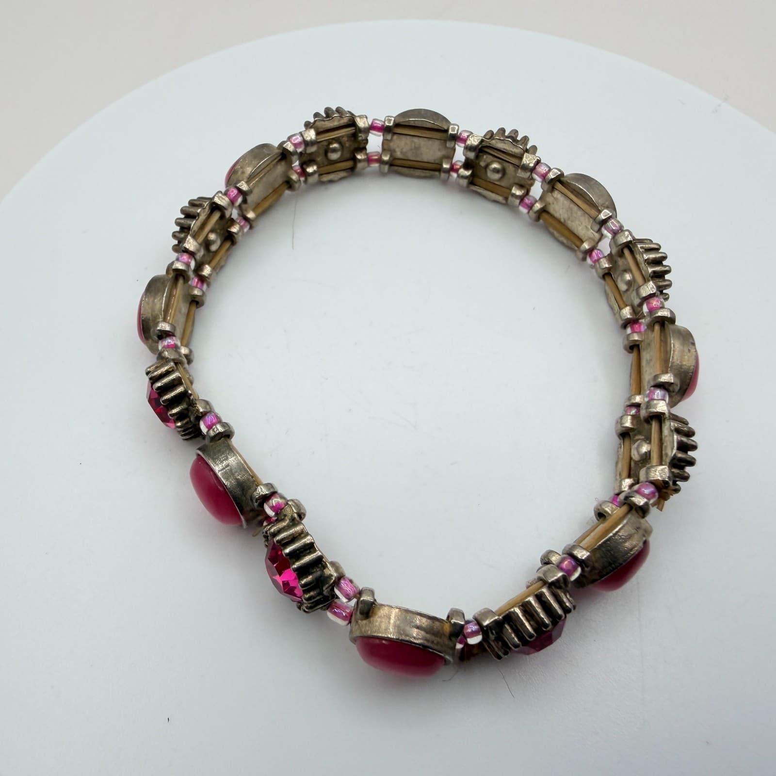 Vintage 90s Pink Glass Bracelet Silver Tone Stretch Boho Retro Statement Jewelry - Thumbnail 4