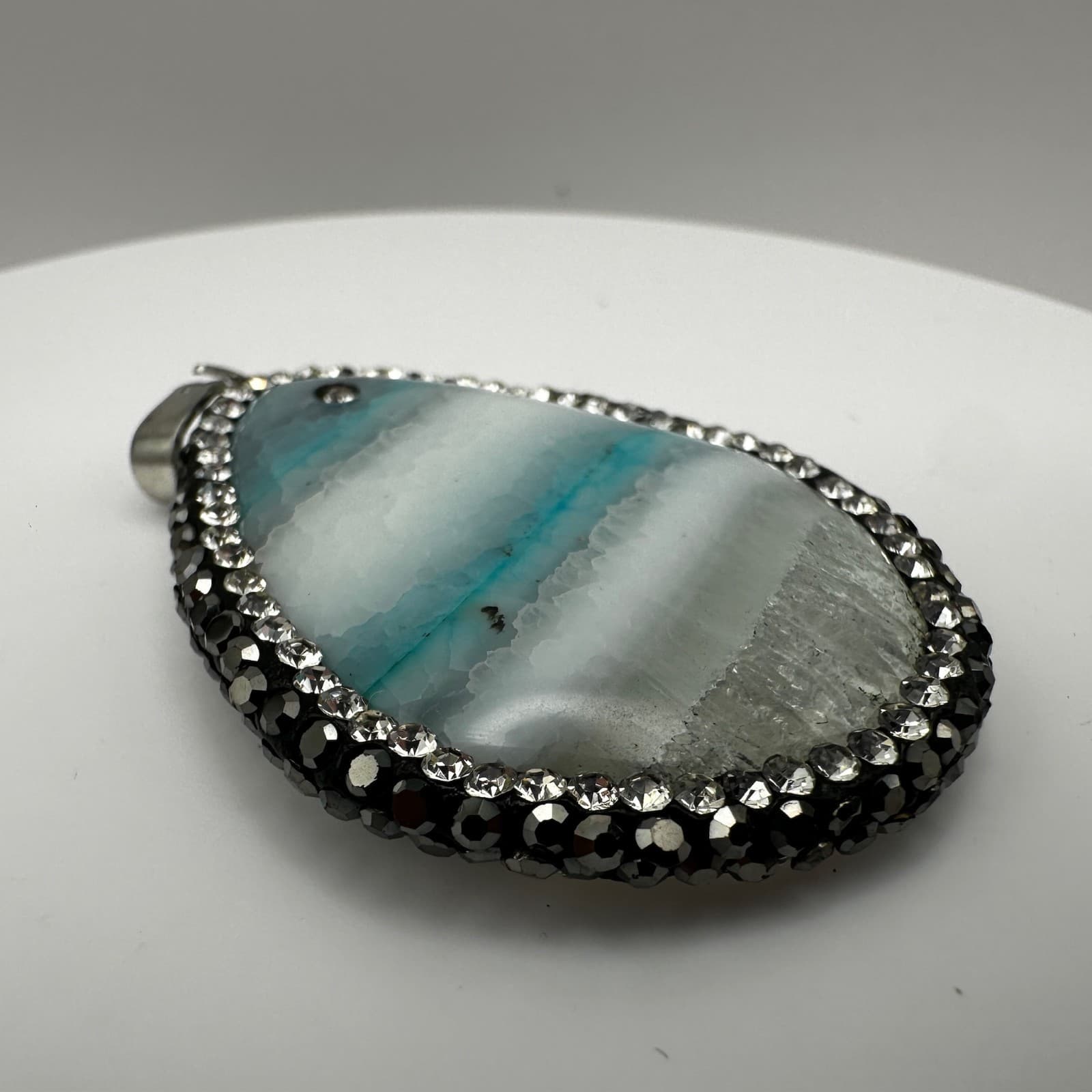 Vintage 90s Blue agate teardrop pendant black & clear rhinestone Jewelry - Thumbnail 4