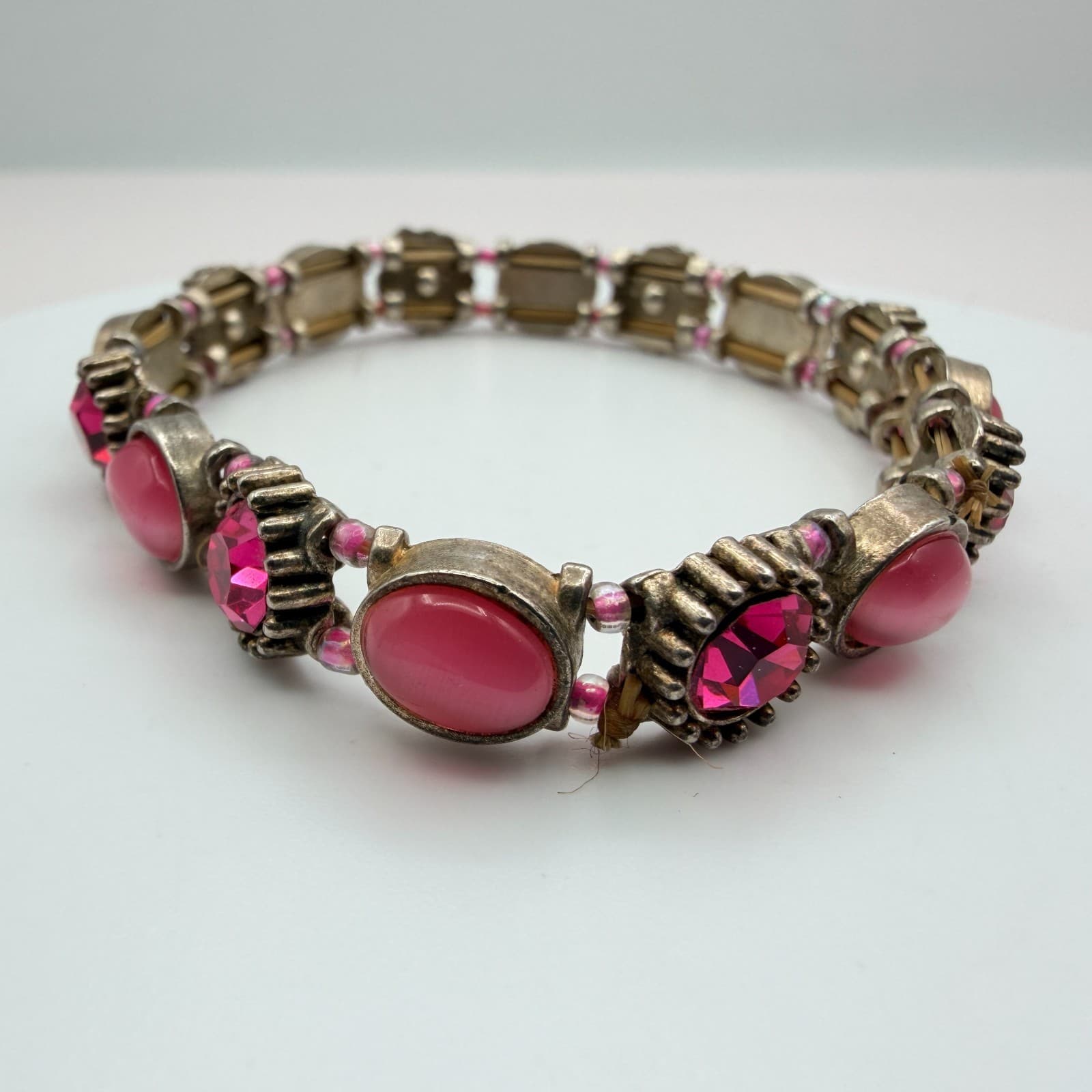 Vintage 90s Pink Glass Bracelet Silver Tone Stretch Boho Retro Statement Jewelry - Thumbnail 5