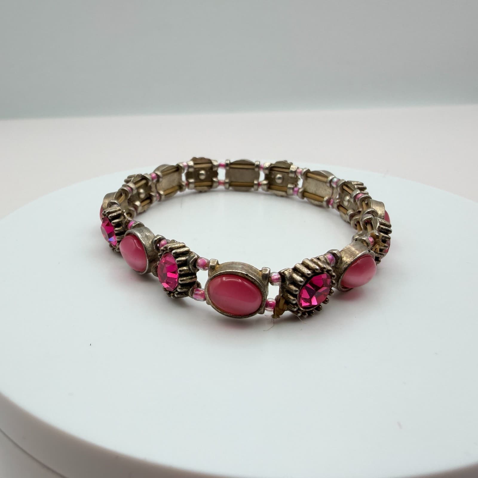 Vintage 90s Pink Glass Bracelet Silver Tone Stretch Boho Retro Statement Jewelry - Thumbnail 2