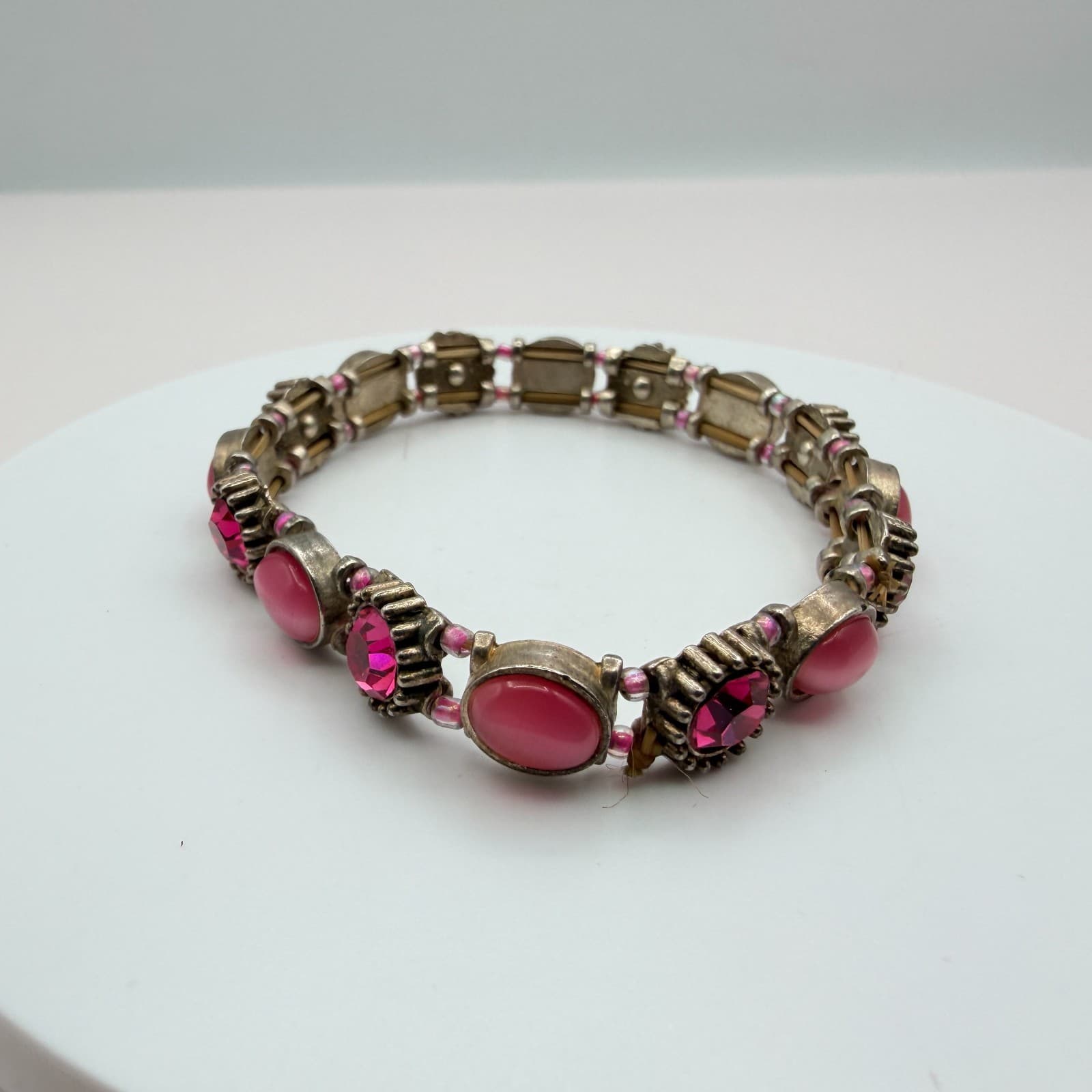 Vintage 90s Pink Glass Bracelet Silver Tone Stretch Boho Retro Statement Jewelry - Image 1