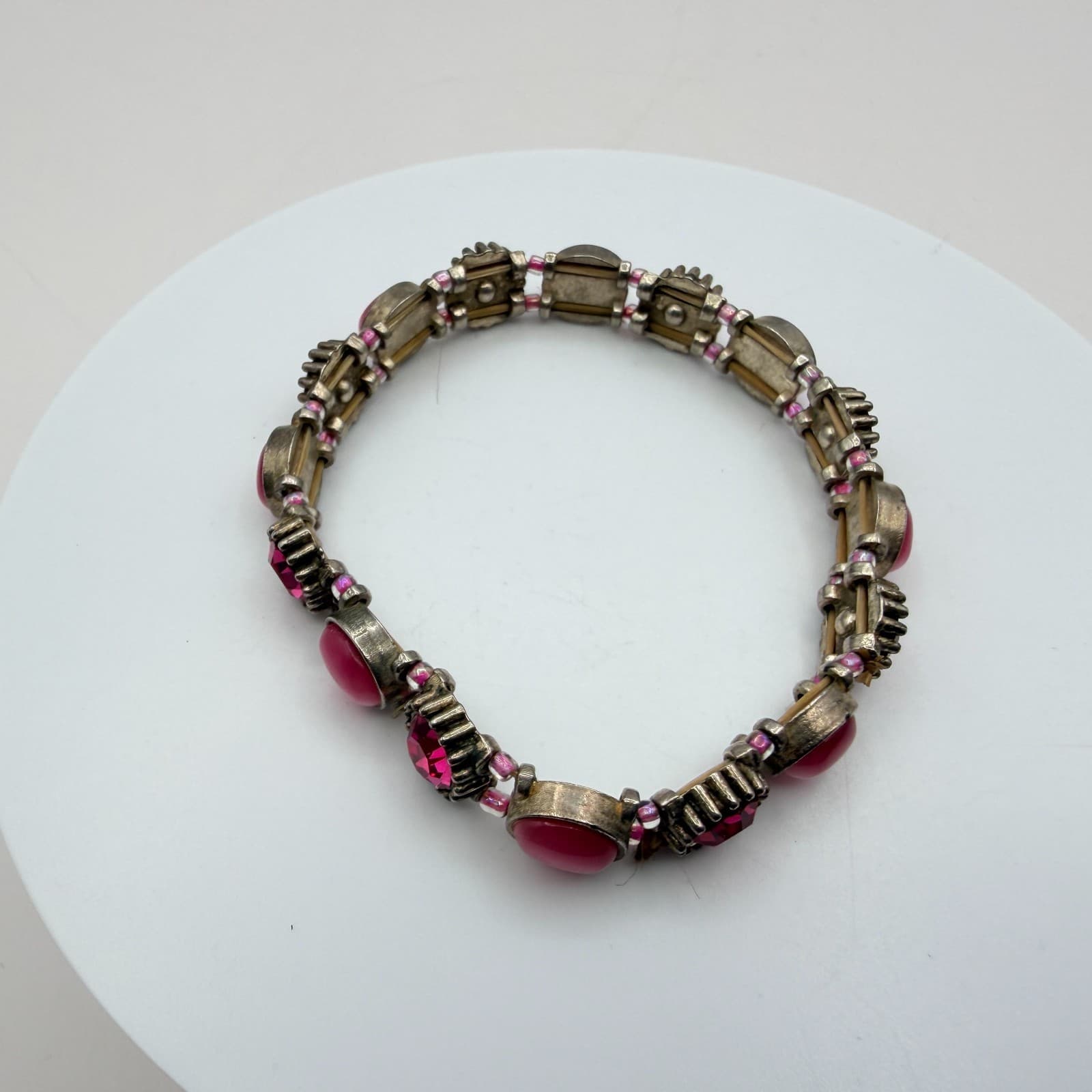 Vintage 90s Pink Glass Bracelet Silver Tone Stretch Boho Retro Statement Jewelry - Thumbnail 3